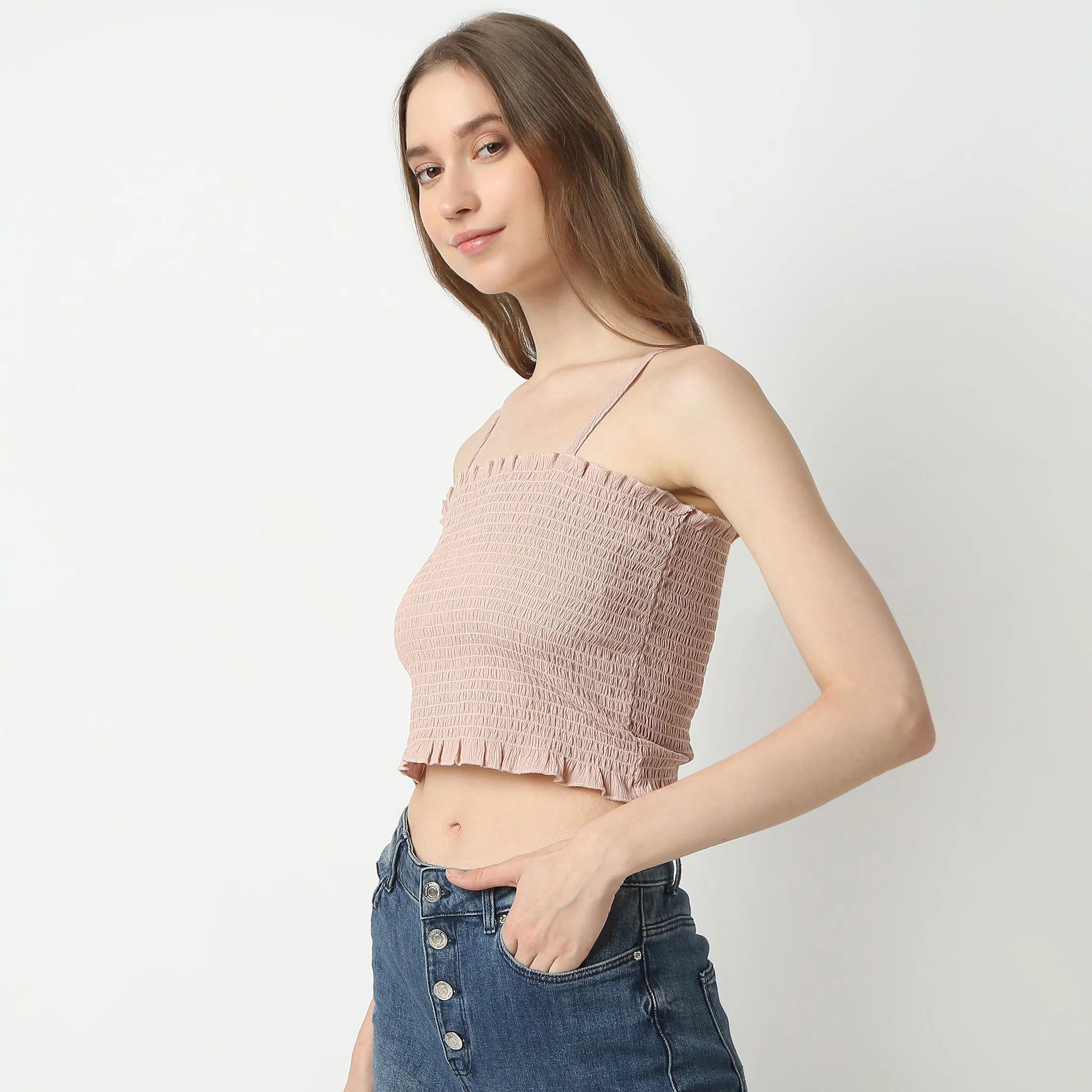 Slim Fit Square Neck Betty Smocking Pattern Crop Top - Image 4