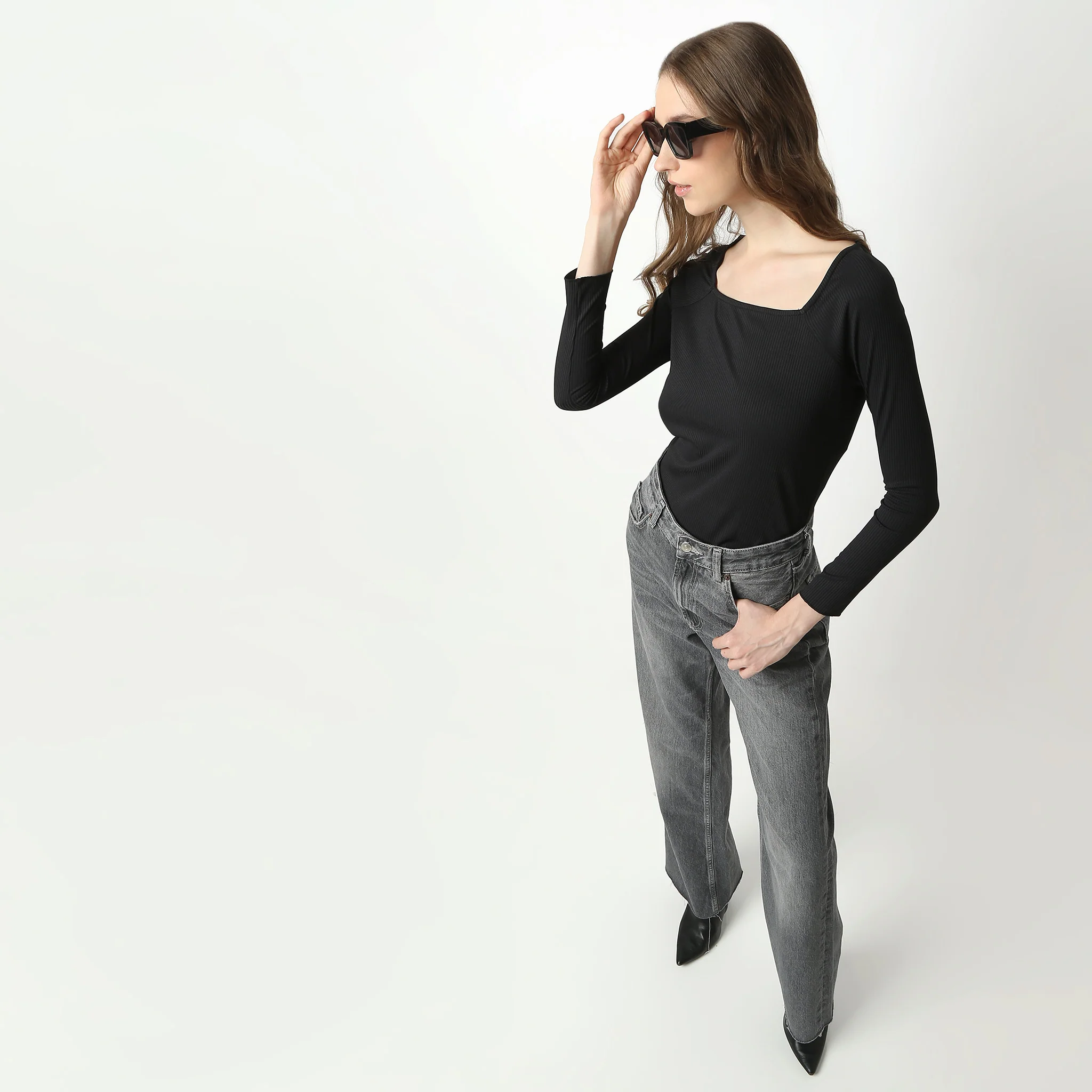 Slim Fit Solid Full Sleeve Square Neck Betty T-Shirt