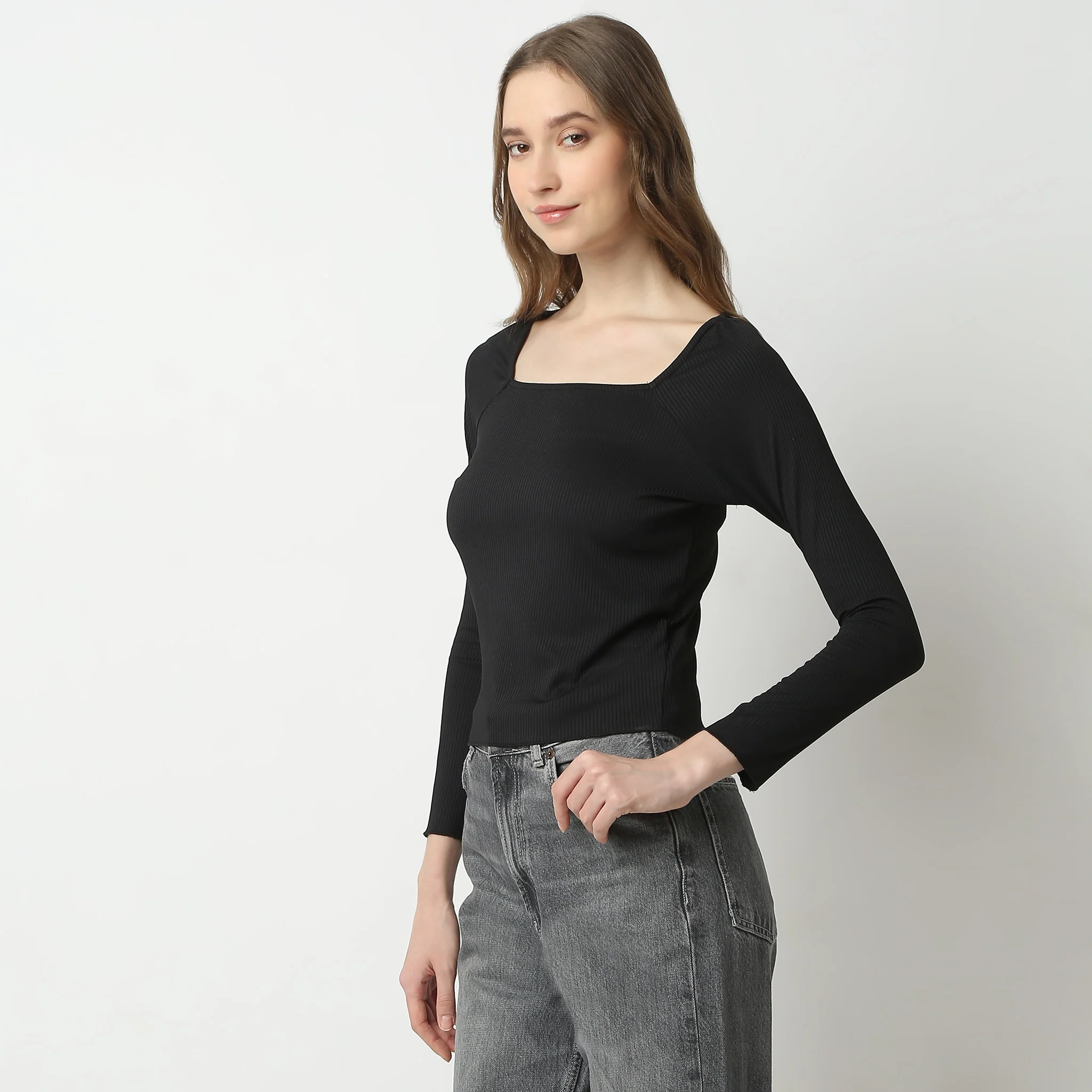 Slim Fit Solid Full Sleeve Square Neck Betty T-Shirt - Image 4