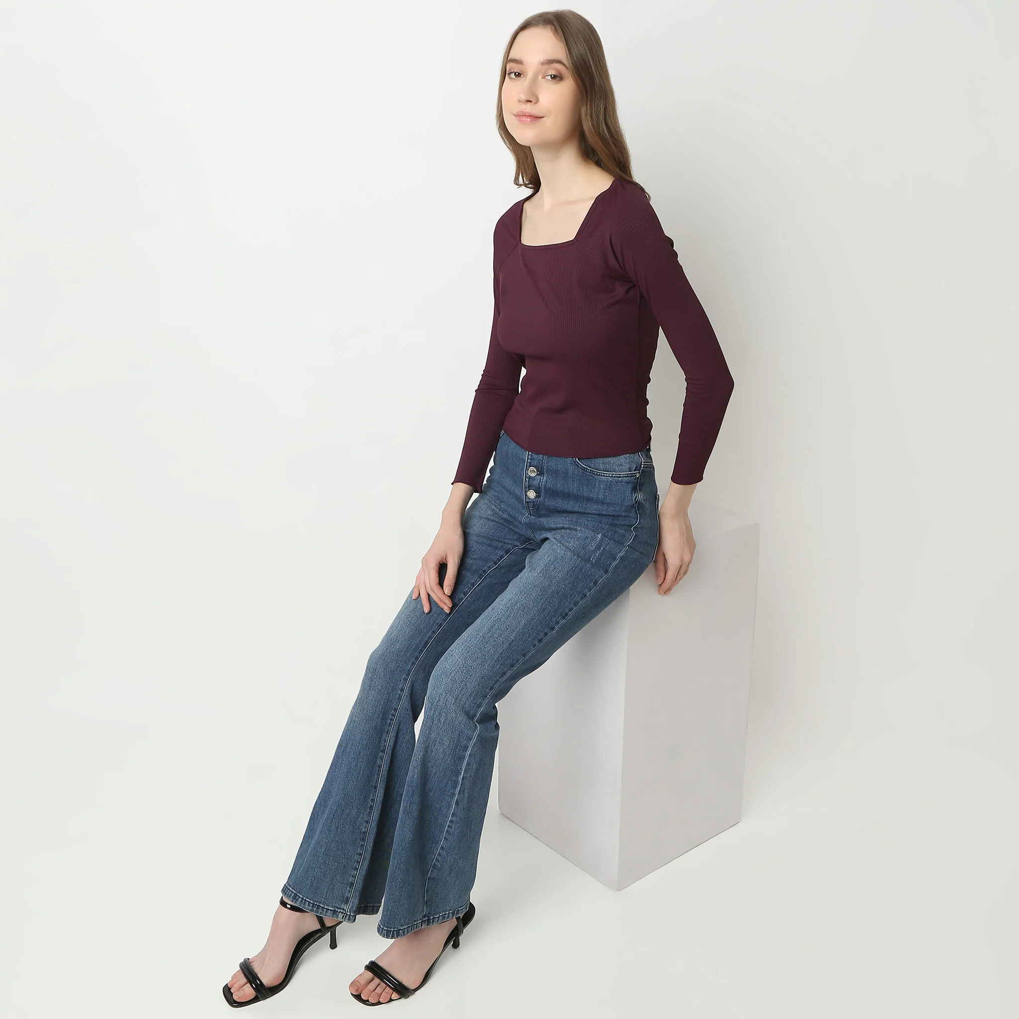Slim Fit Solid Full Sleeve Square Neck Betty T-Shirt - Image 6