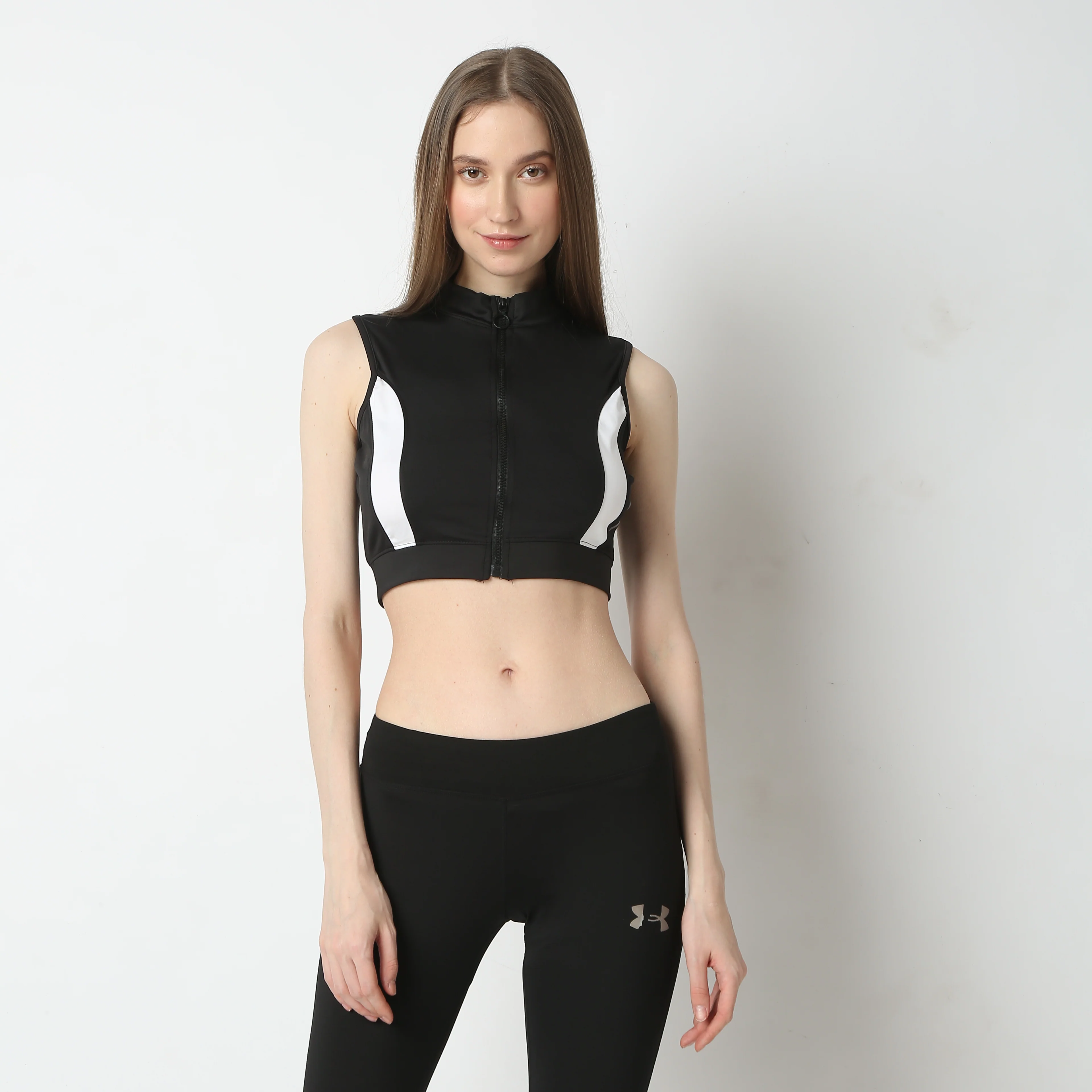 Slim Fit Mock Turtle Neck Sleeveless Tee With Zipper Detail T-Shirt - Image 2