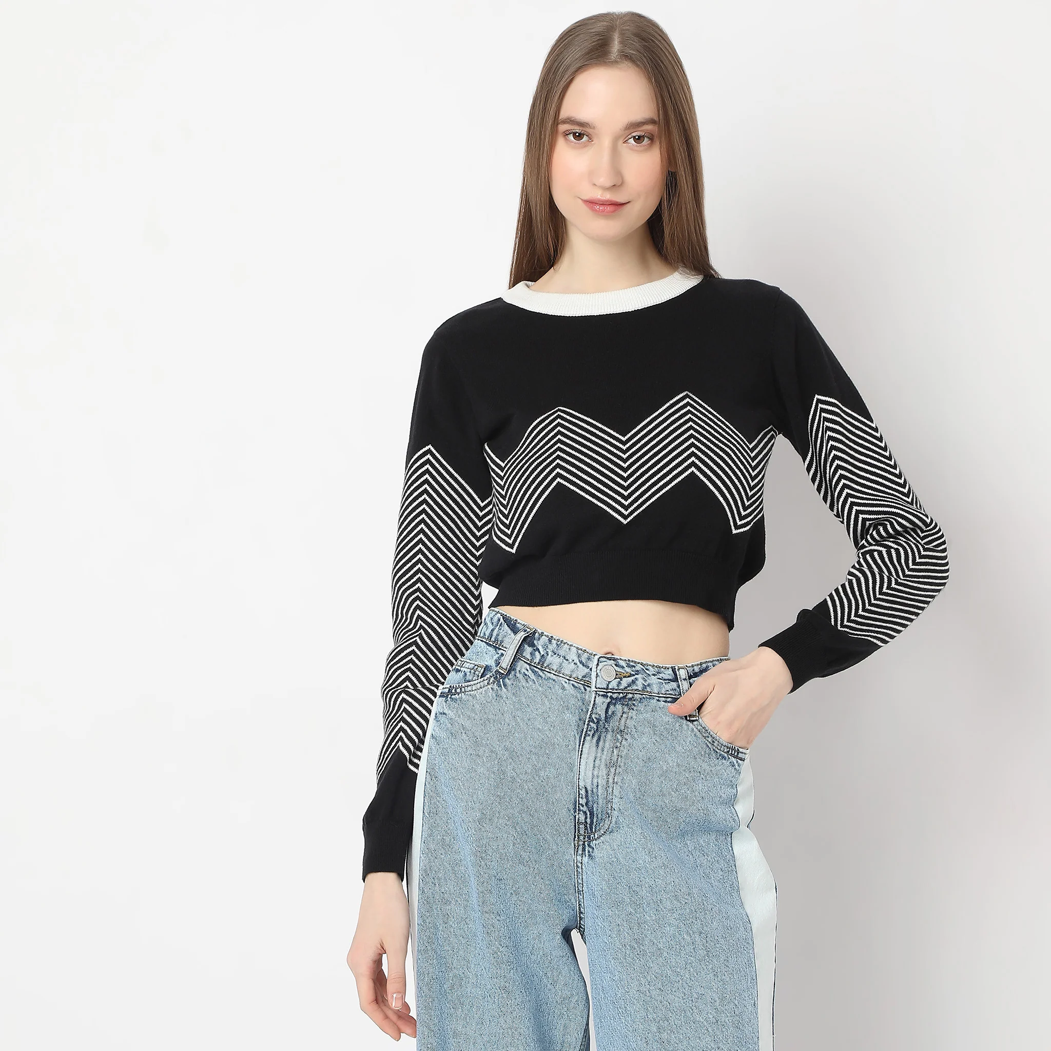 Slim Fit Striped Boat Neck Flat Knits Full Sleeve Crop T-Shirt - Image 2