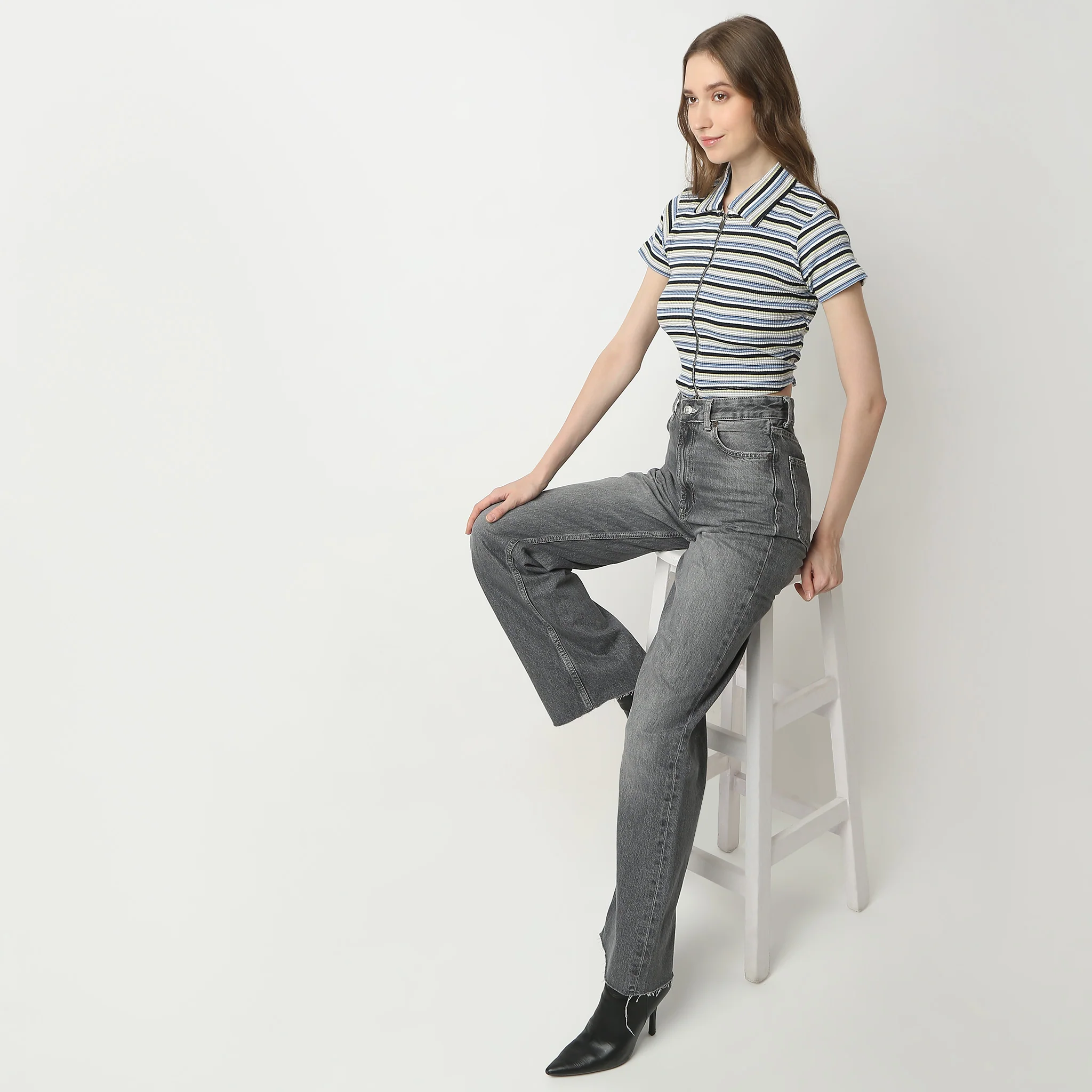 Slim Fit Striped Short Sleeve Polo Neck Crop T-Shirt
