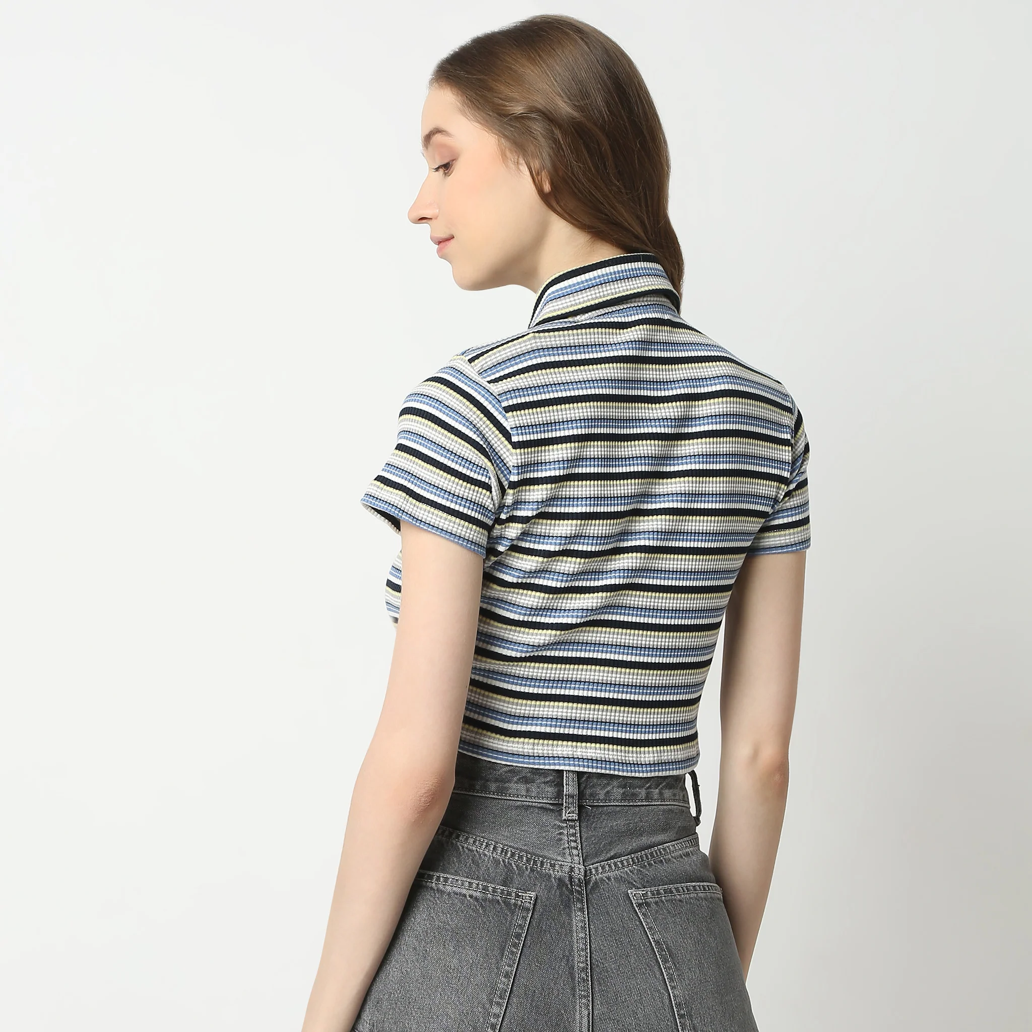 Slim Fit Striped Short Sleeve Polo Neck Crop T-Shirt - Image 3