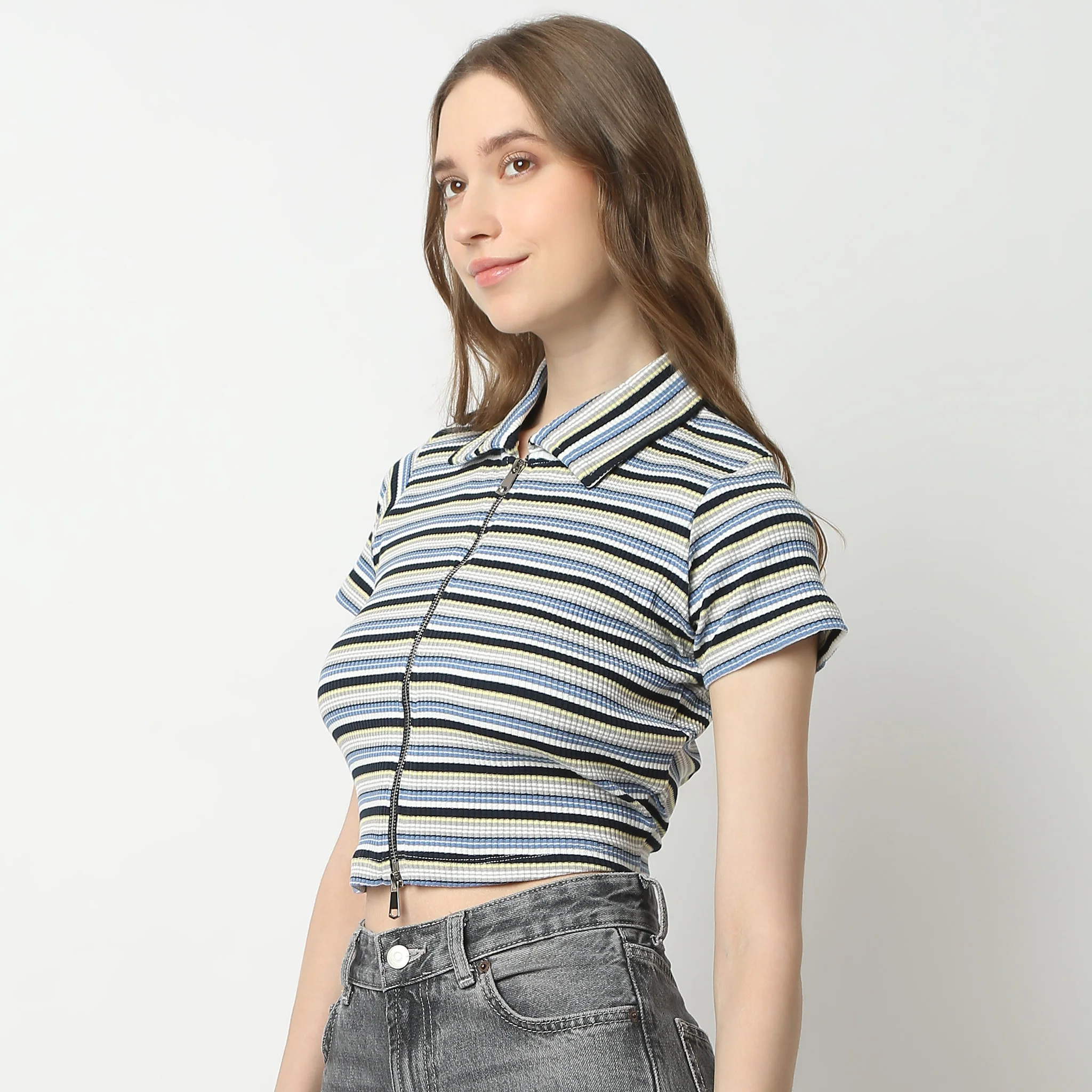 Slim Fit Striped Short Sleeve Polo Neck Crop T-Shirt - Image 4