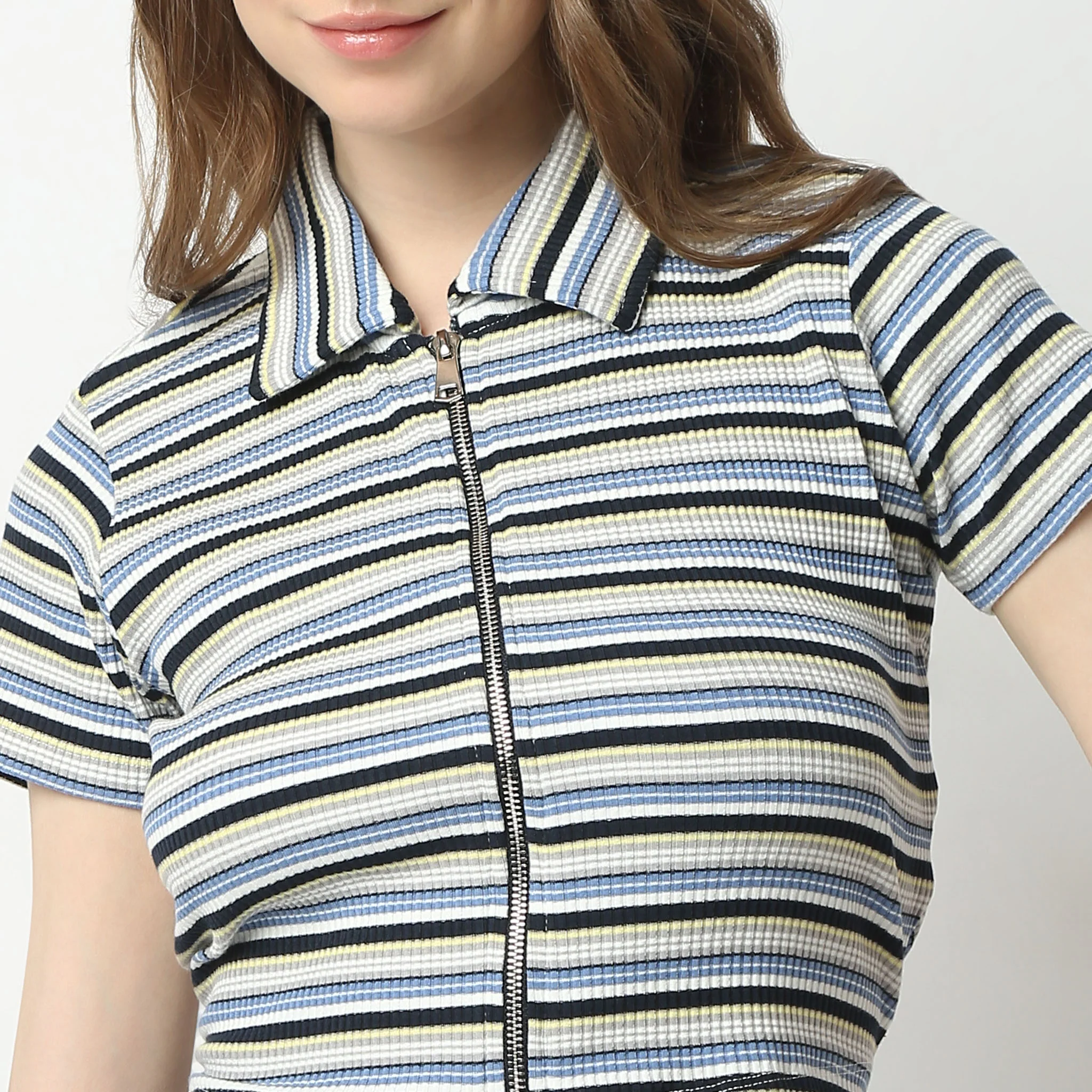 Slim Fit Striped Short Sleeve Polo Neck Crop T-Shirt - Image 5