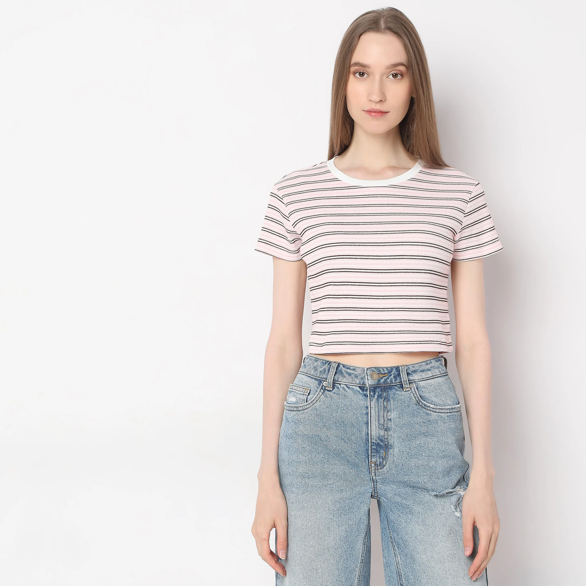 Slim Fit Striped Crew Neck Crop T-Shirt - Image 2