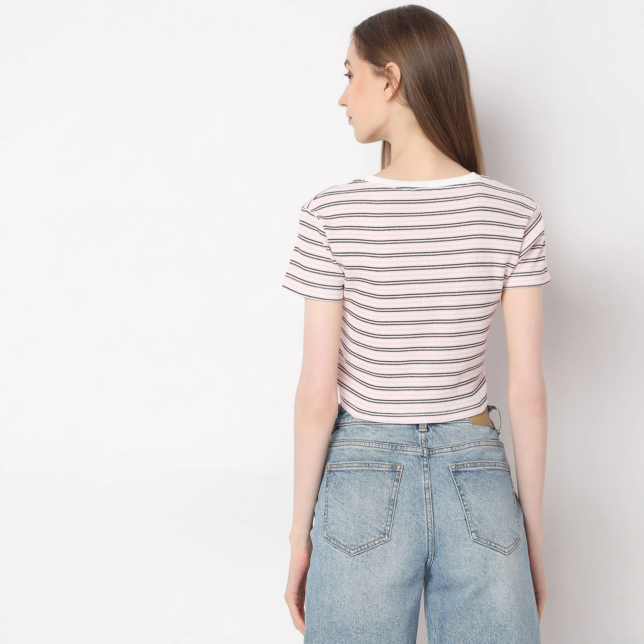 Slim Fit Striped Crew Neck Crop T-Shirt - Image 3