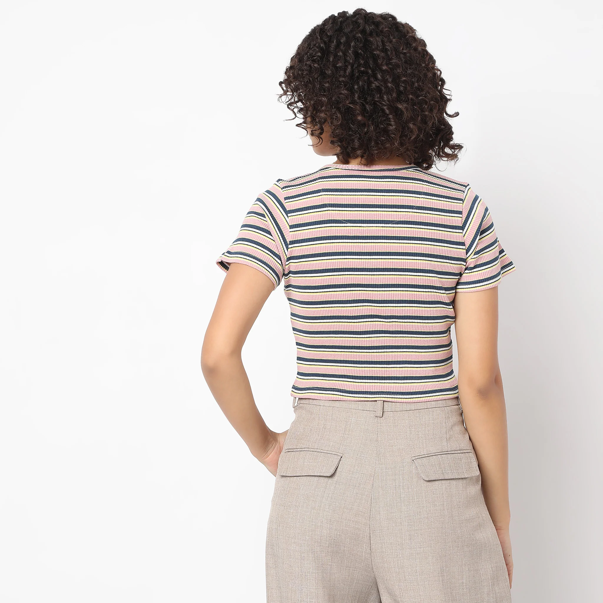 Slim Fit Striped Crew Neck Crop T-Shirt - Image 3