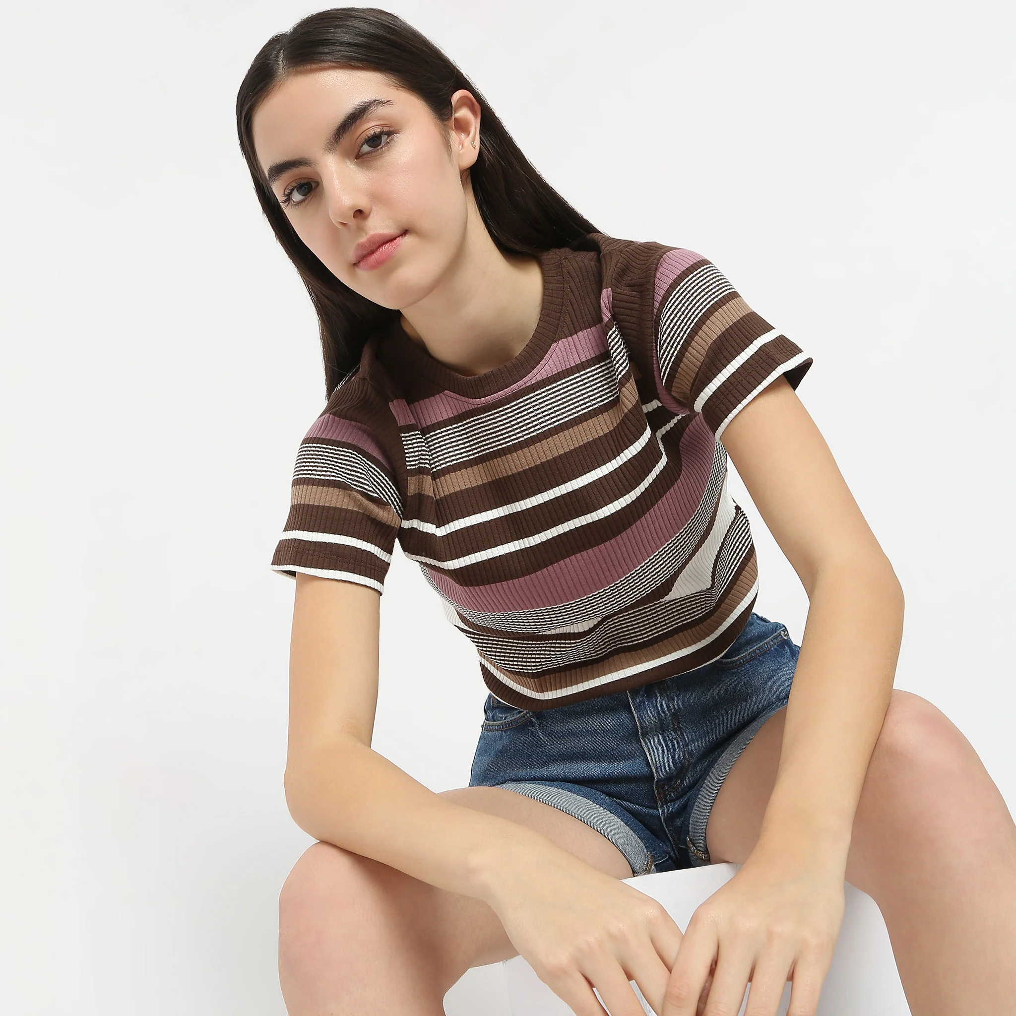 Slim Fit Striped Round Neck Elbow Sleeve Crop T-Shirt - Image 2