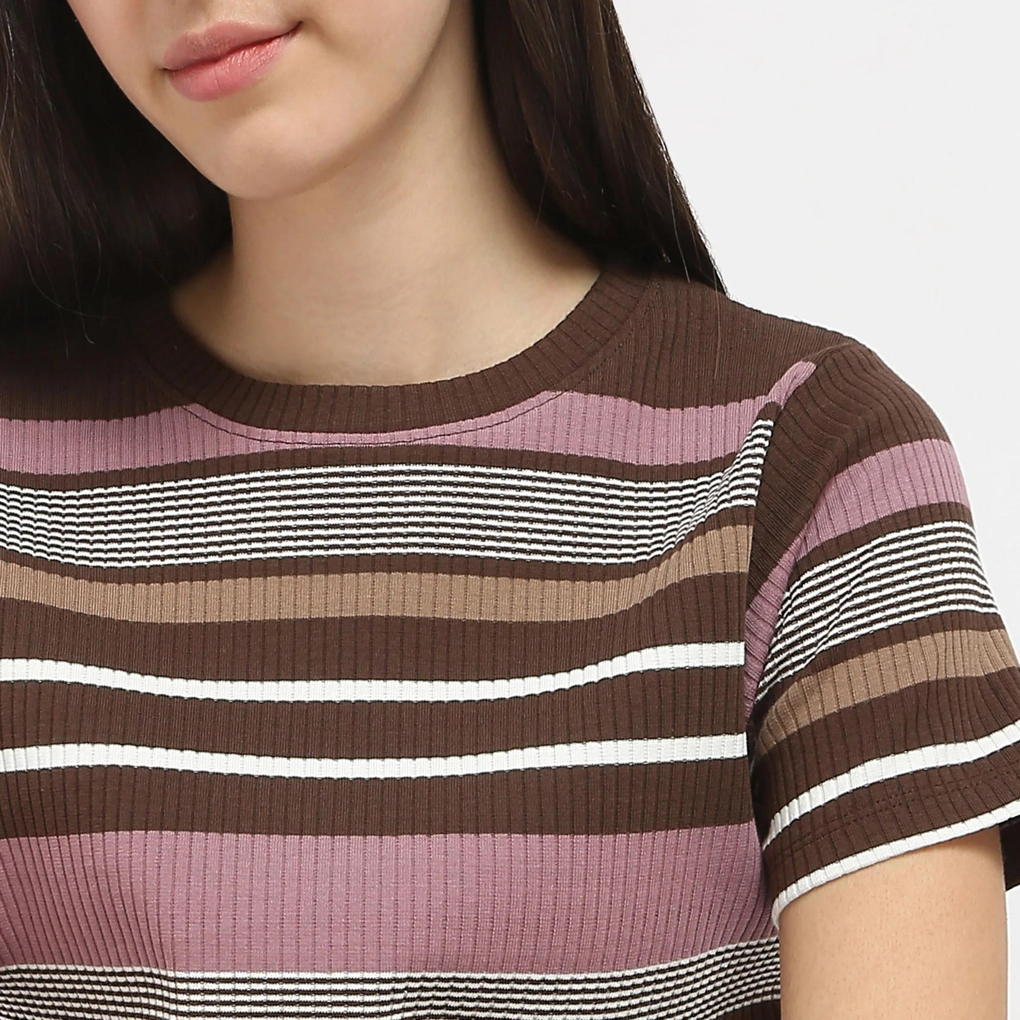 Slim Fit Striped Round Neck Elbow Sleeve Crop T-Shirt - Image 4
