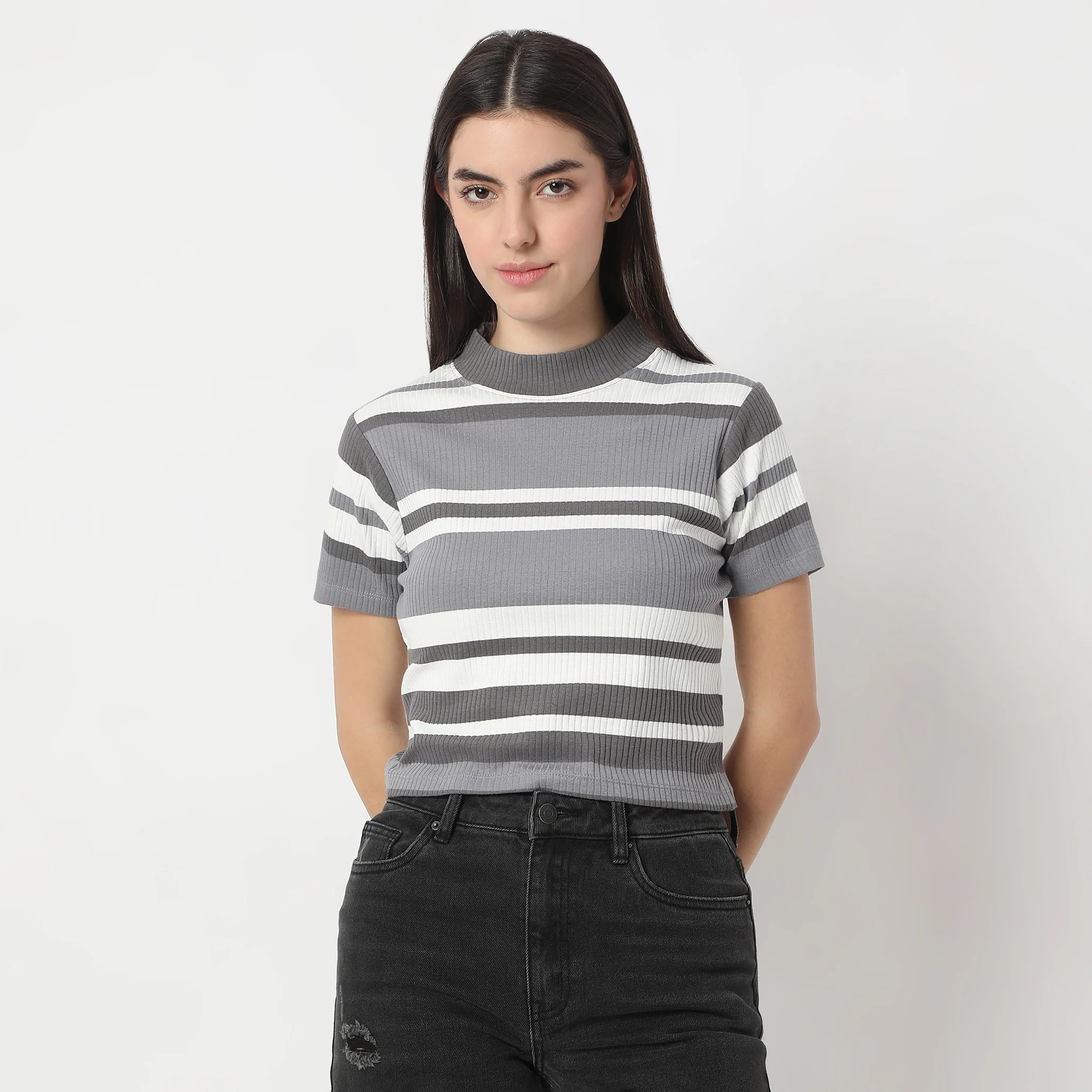 Slim Fit Striped Mock Turtle Neck Short Sleeve Crop T-Shirt - Image 2