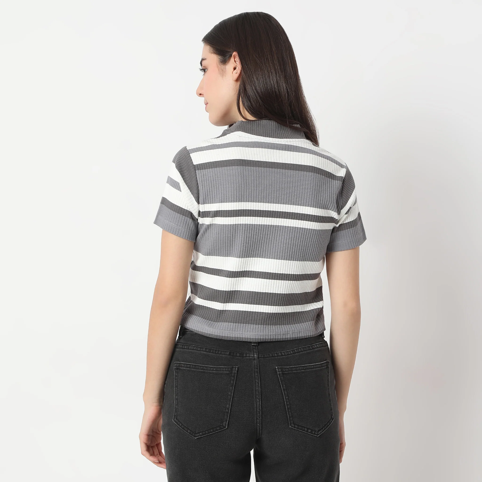 Slim Fit Striped Mock Turtle Neck Short Sleeve Crop T-Shirt - Image 3