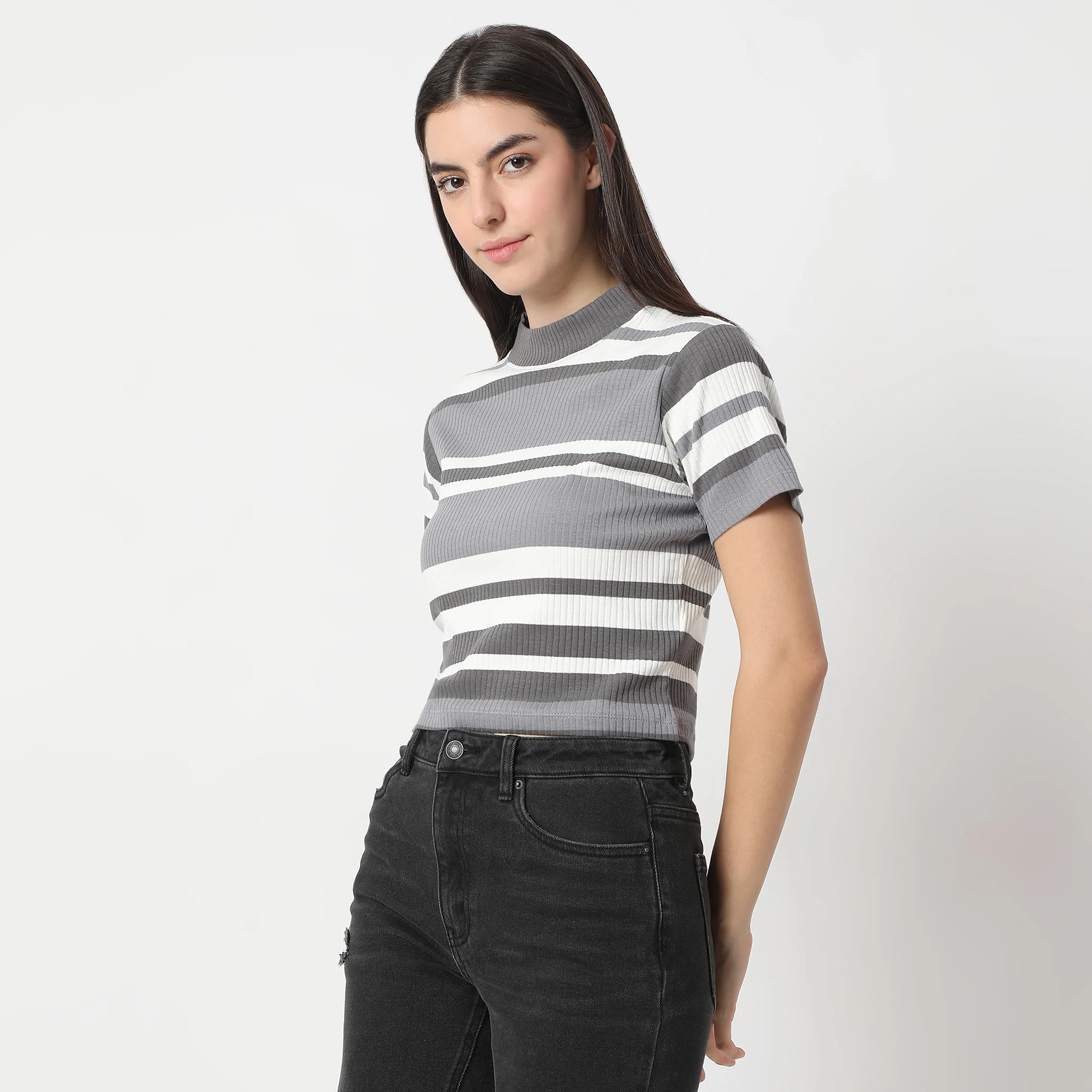 Slim Fit Striped Mock Turtle Neck Short Sleeve Crop T-Shirt - Image 5