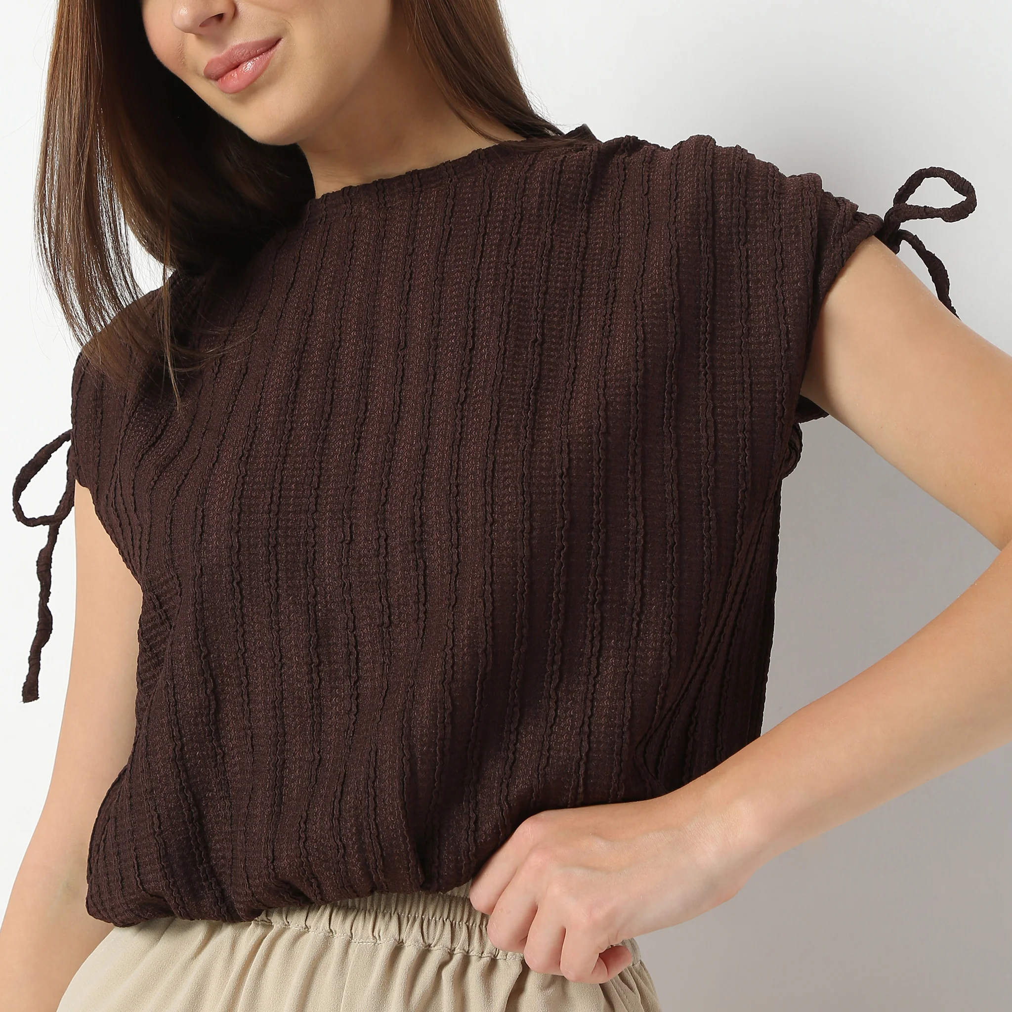 Betty Fashion Dolman Sleeve Top With Extended Shoulder With Drawstring Tie Detail - Image 39