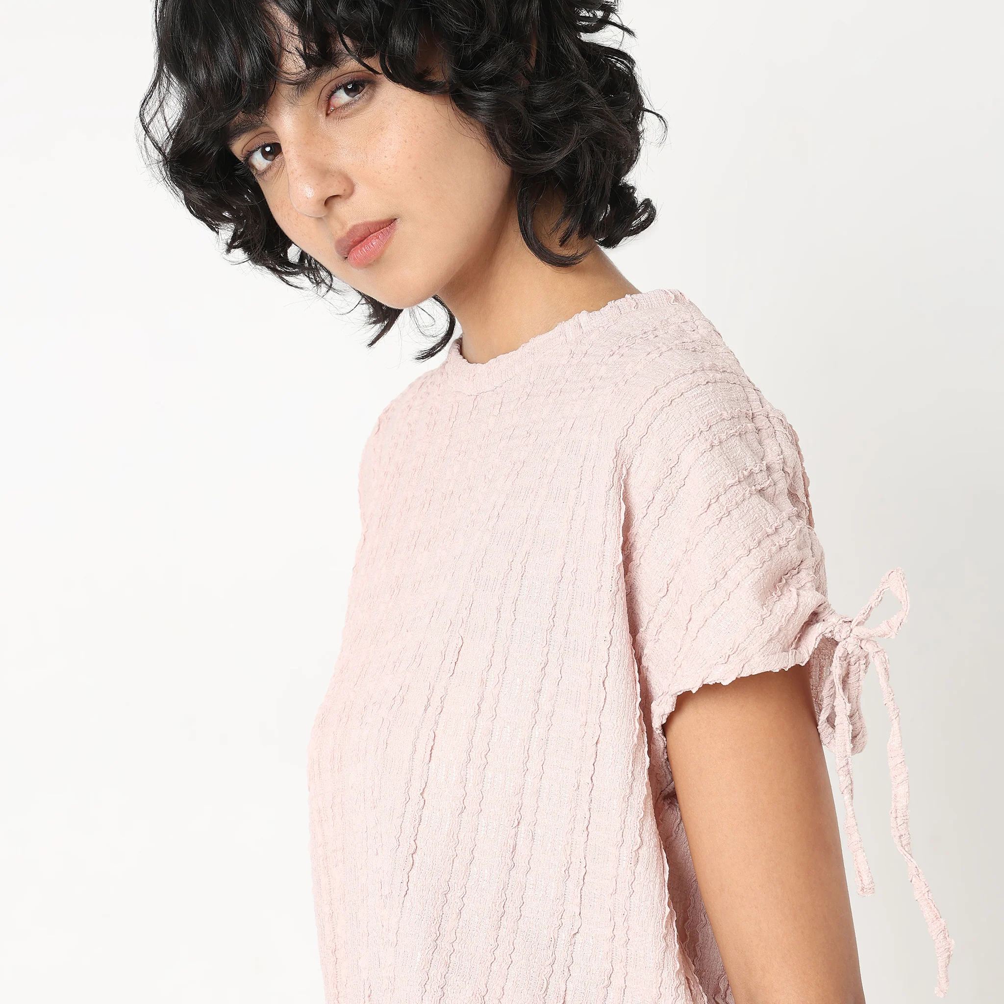 Betty Fashion Dolman Sleeve Top With Extended Shoulder With Drawstring Tie Detail - Image 4