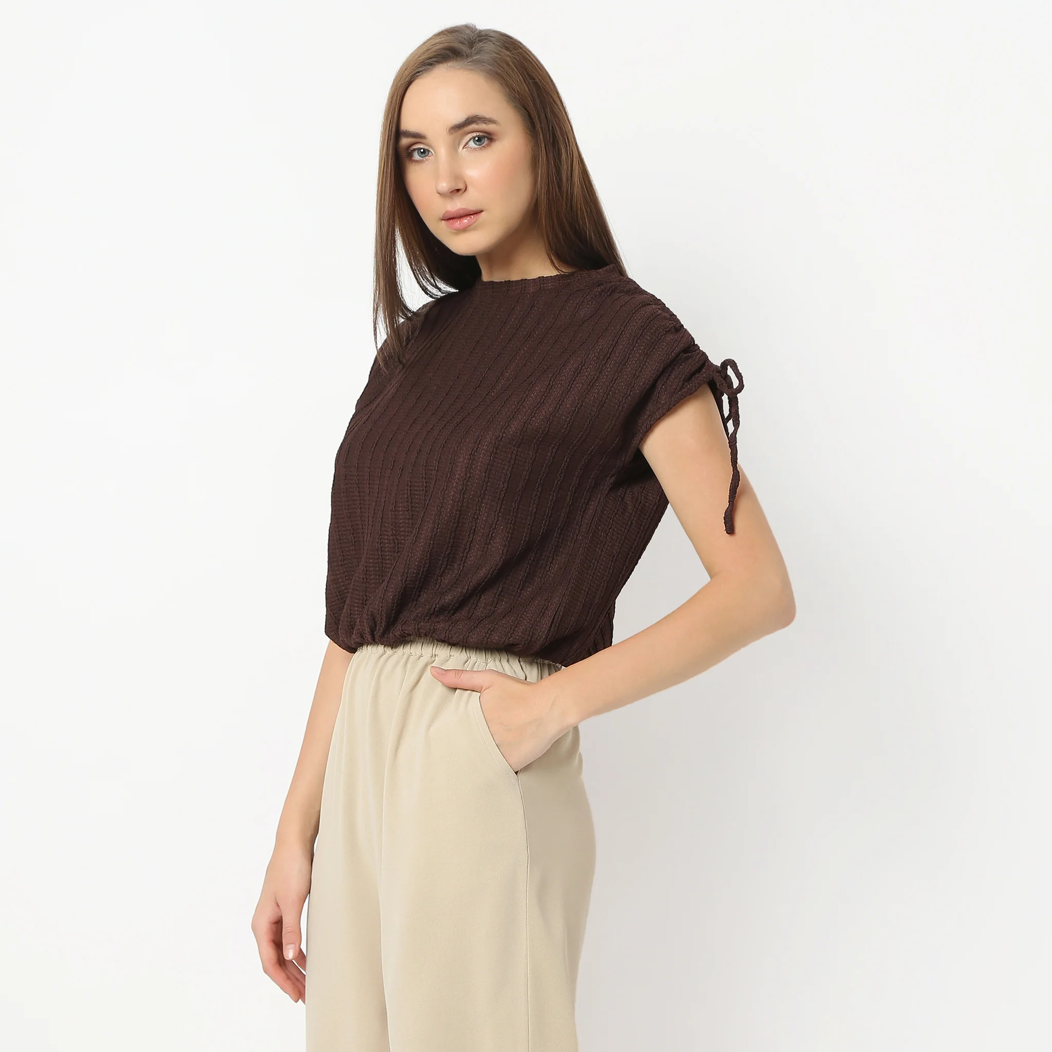 Betty Fashion Dolman Sleeve Top With Extended Shoulder With Drawstring Tie Detail - Image 40