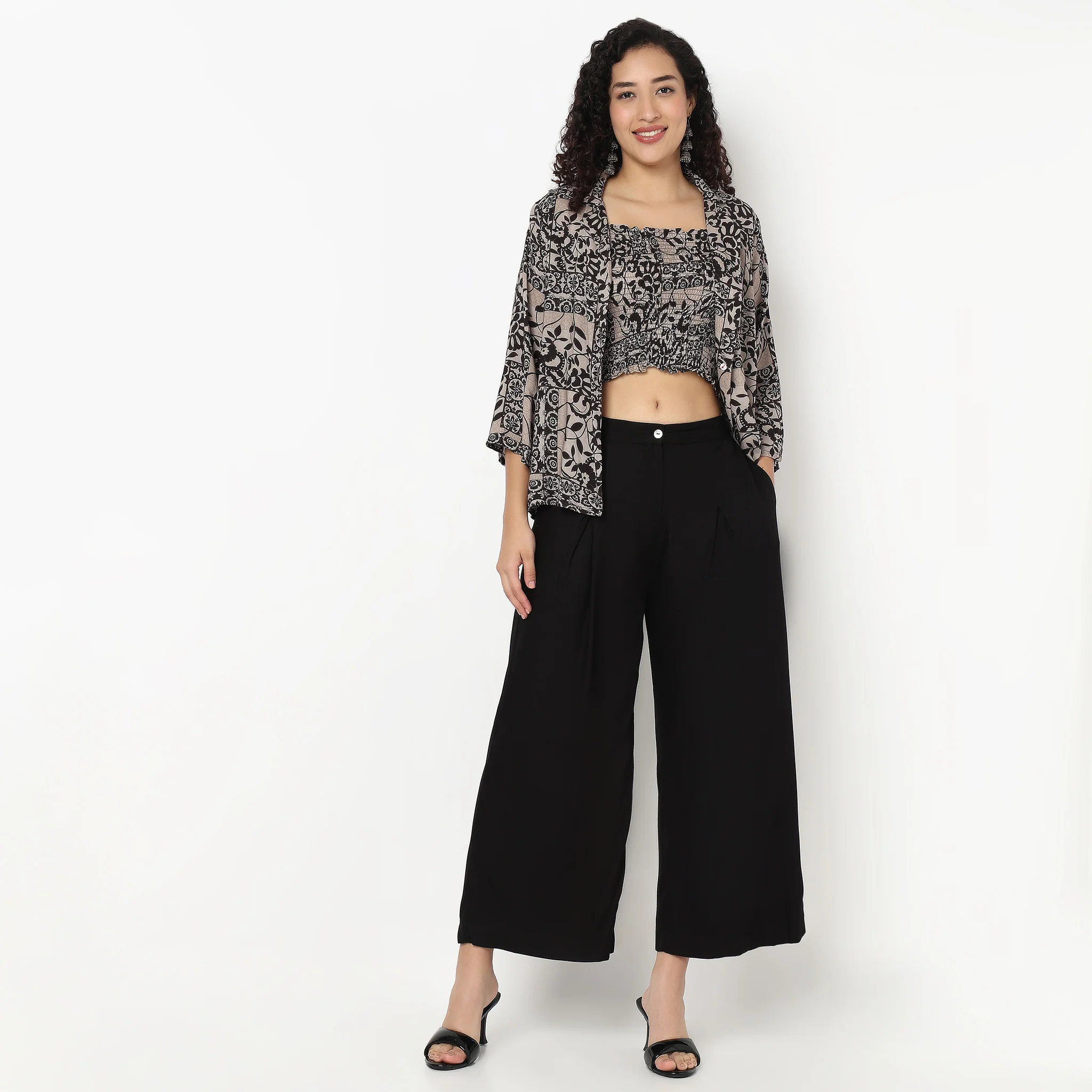 Smocked Crop Top With Lapel Collar Jacket Shrug - Image 2