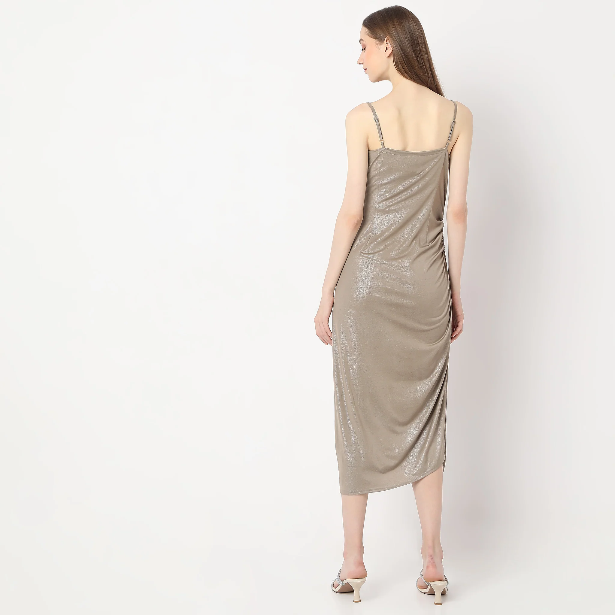 Solid Calf Length With Bodycon Fitted Party Dress - Image 3