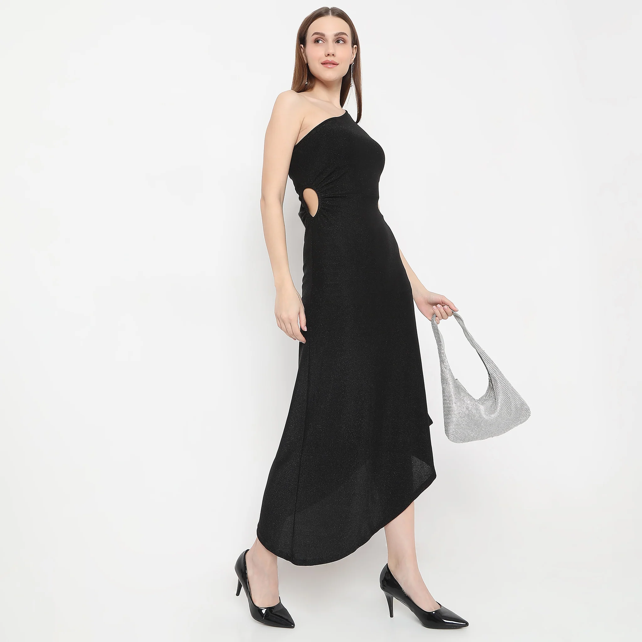 Solid Calf Length With Off Shoulder Shimmer Sheath Party Dress