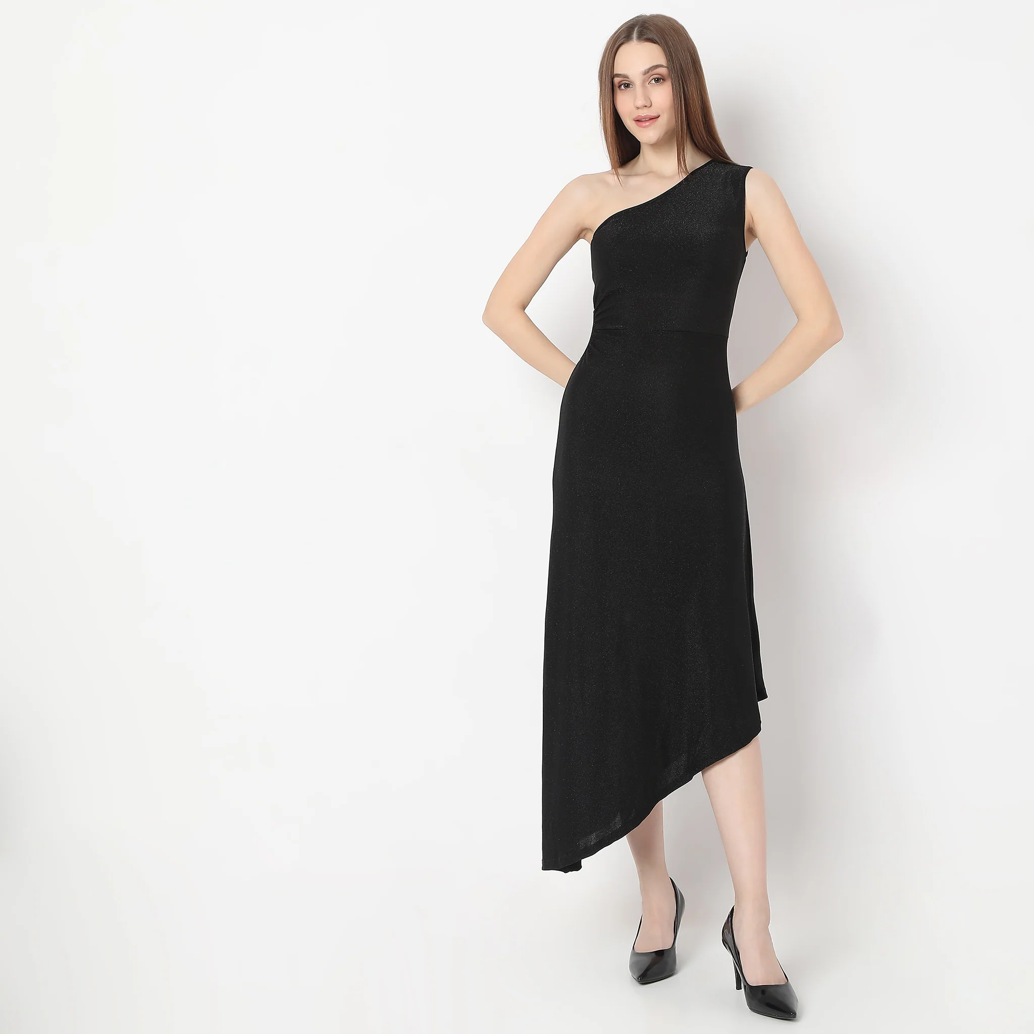 Solid Calf Length With Off Shoulder Shimmer Sheath Party Dress - Image 2