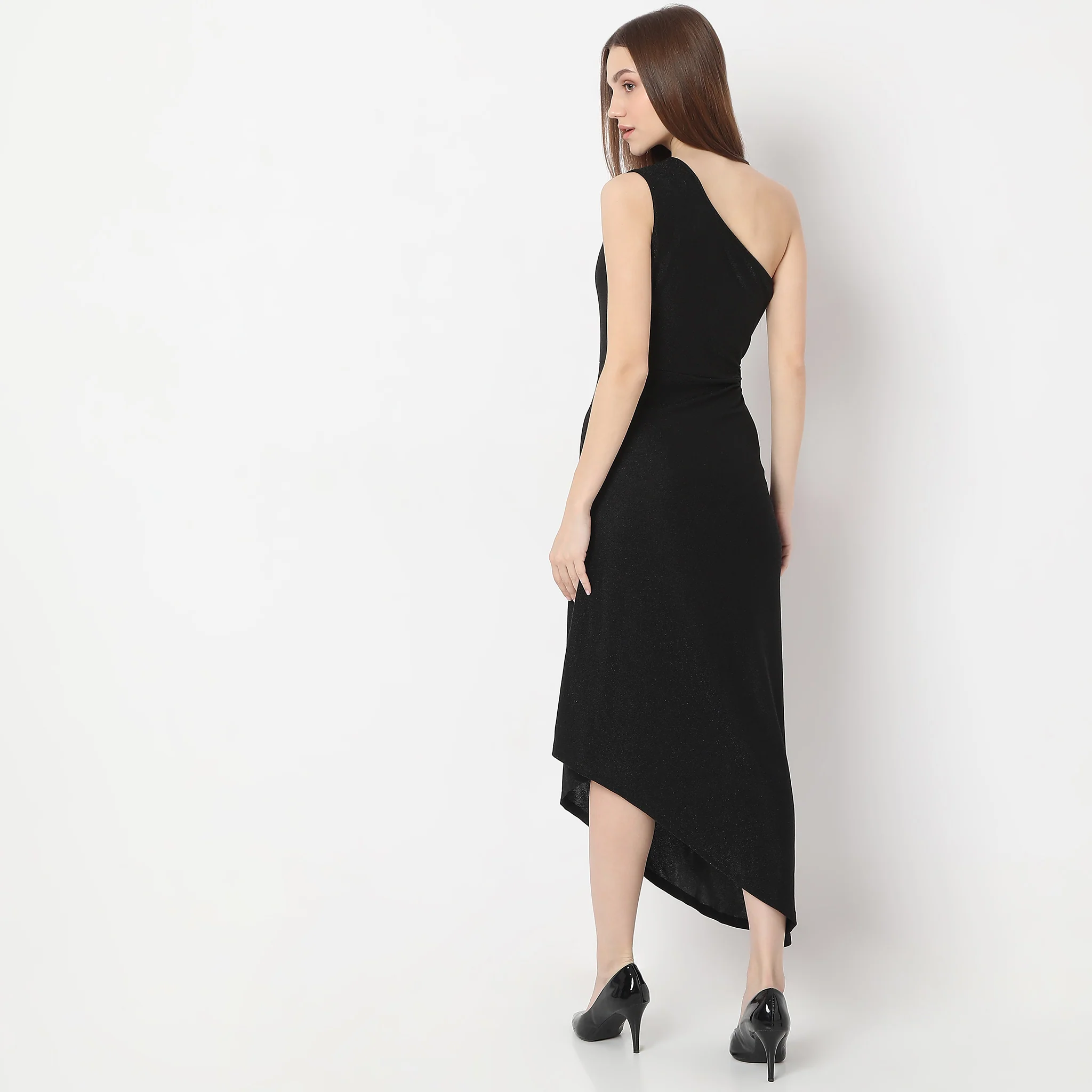 Solid Calf Length With Off Shoulder Shimmer Sheath Party Dress - Image 3