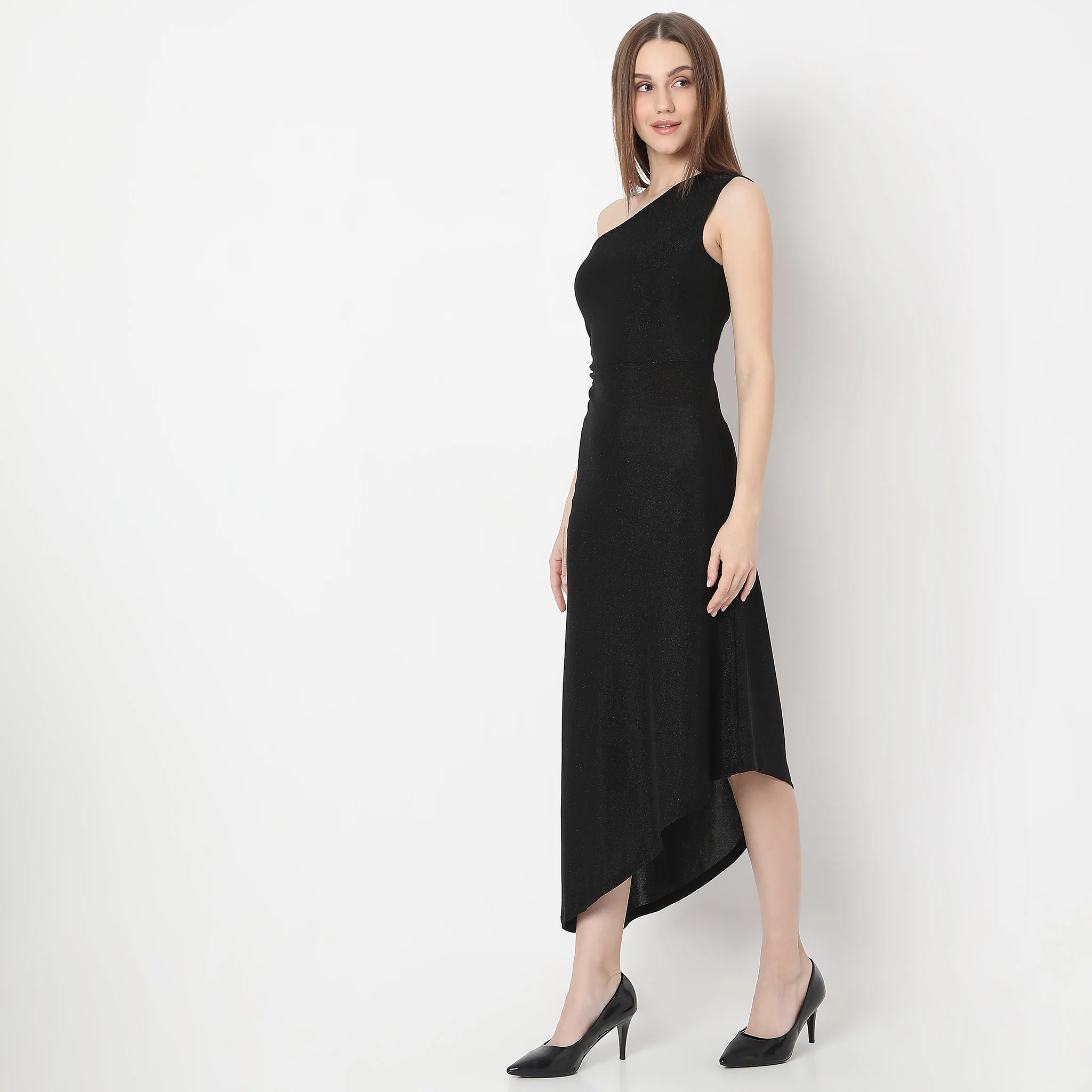 Solid Calf Length With Off Shoulder Shimmer Sheath Party Dress - Image 5
