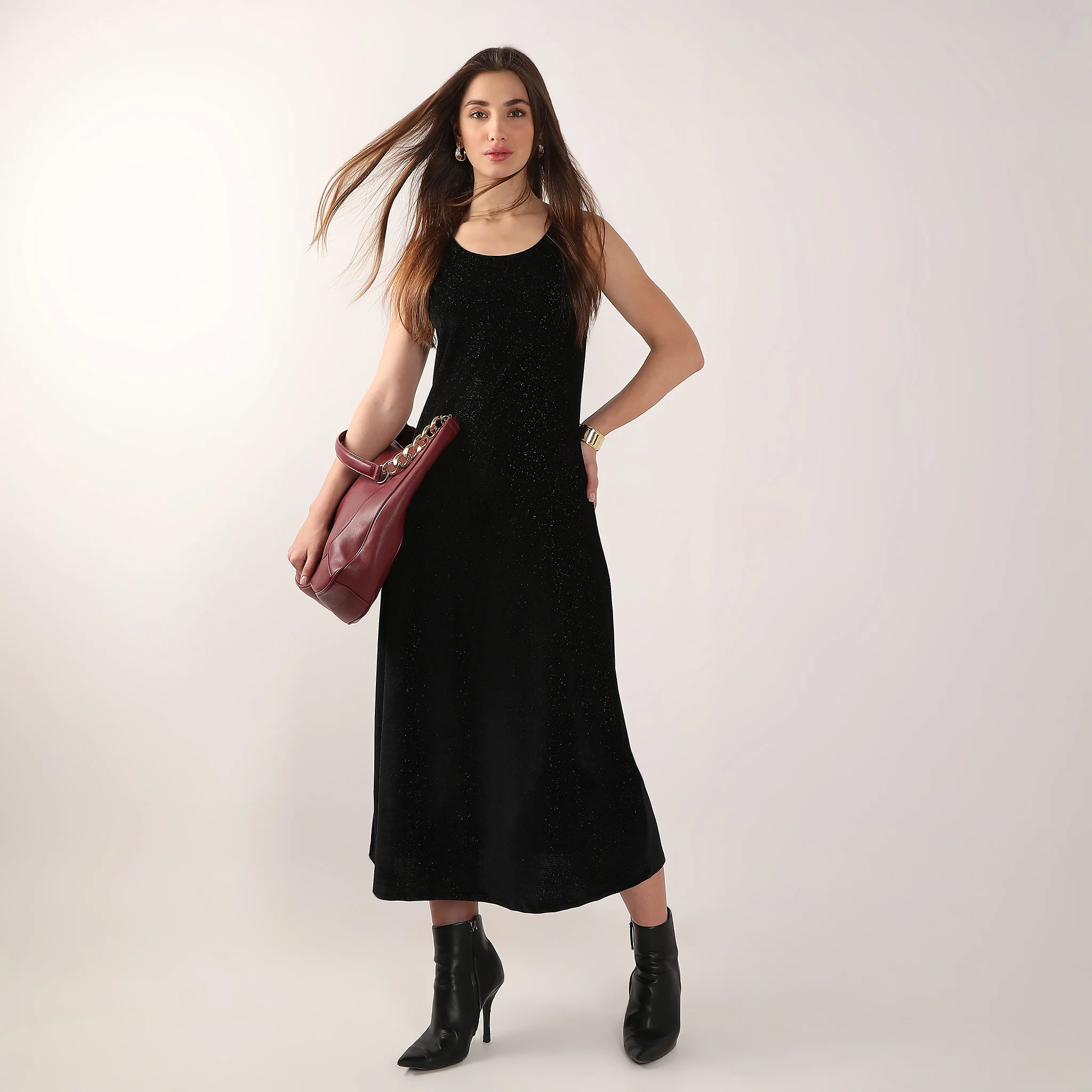 Solid Calf Length With Scoop Neck Fitted Party Dress