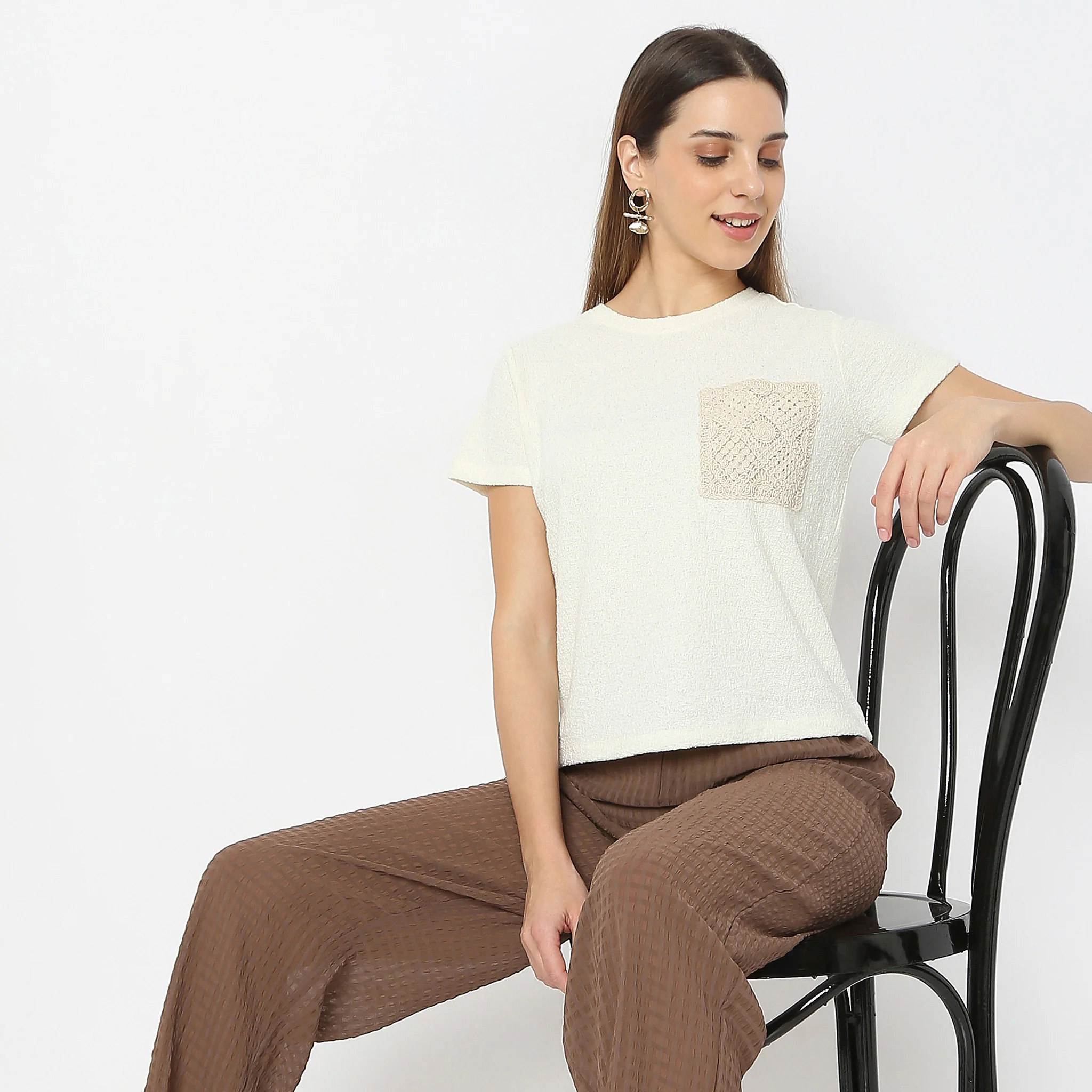 Solid Crochet Pocket Casual Top - Image 2