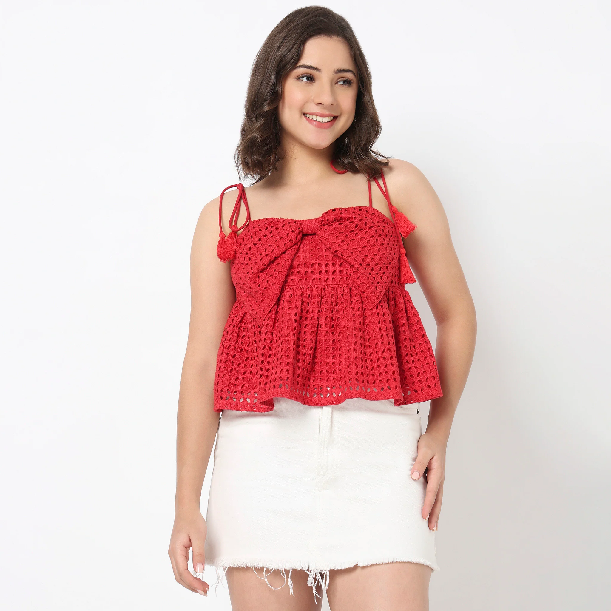 Solid Crop Top With Bow Detail - Image 2