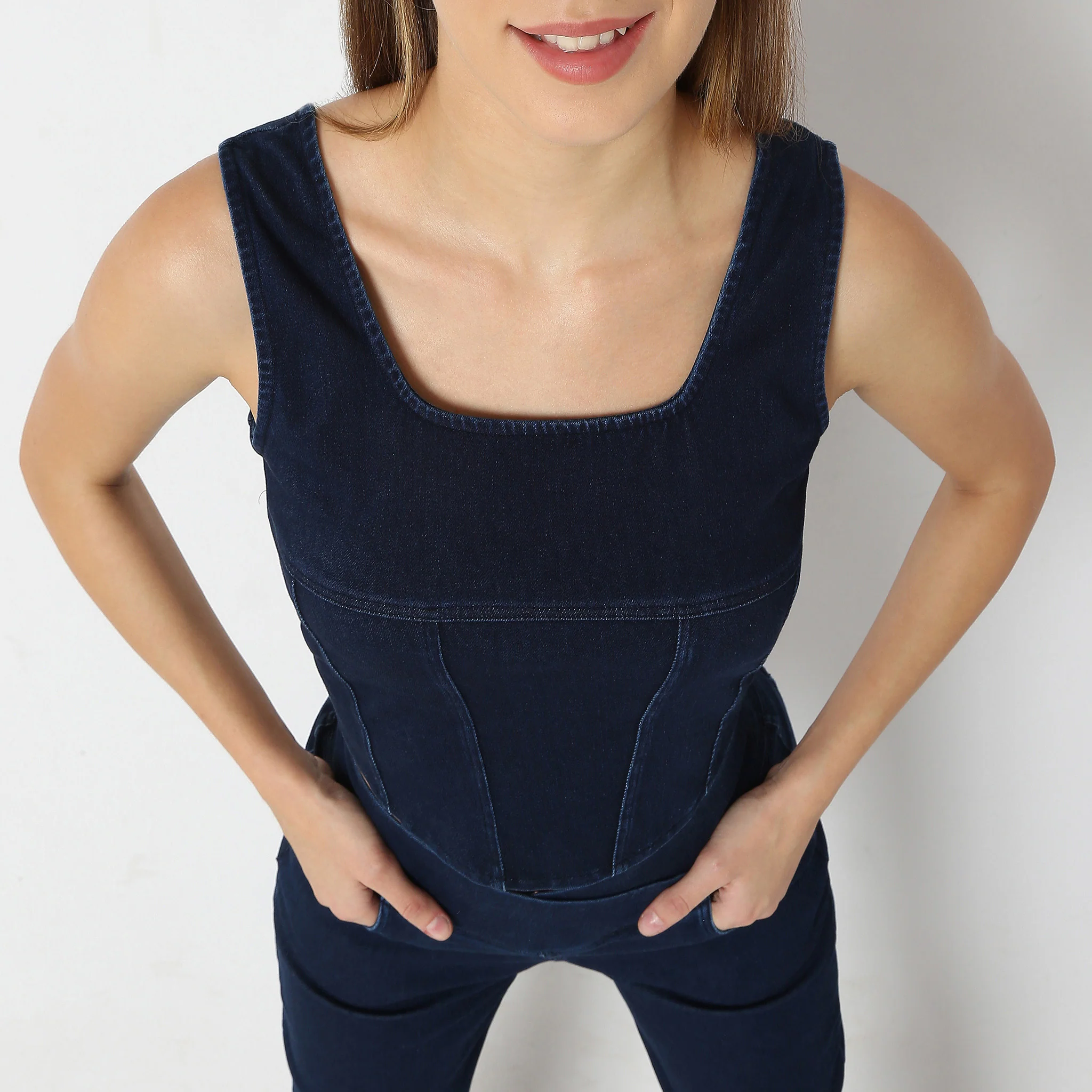 Solid Cropped Square Neck Denim Crop Top - Image 4