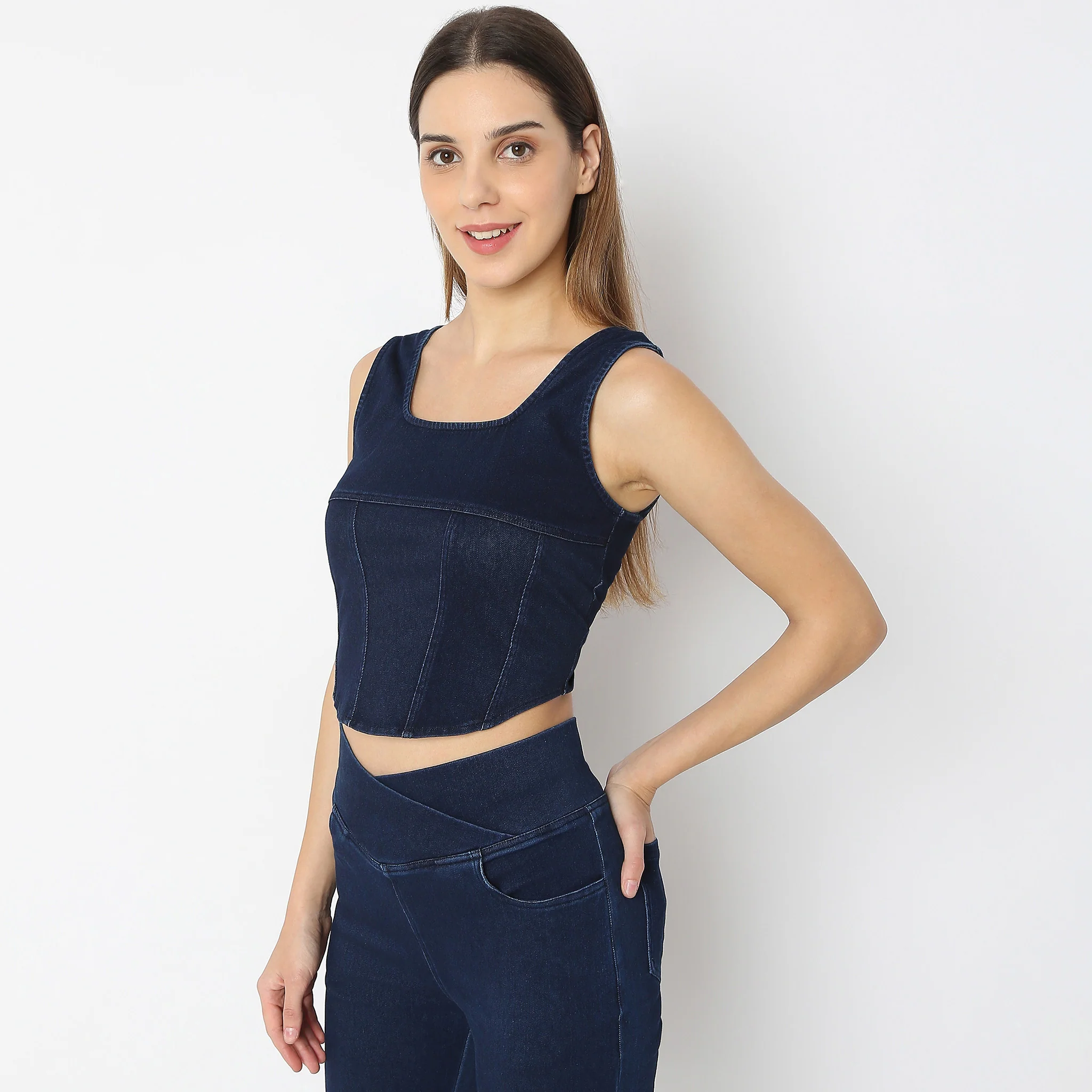 Solid Cropped Square Neck Denim Crop Top - Image 5