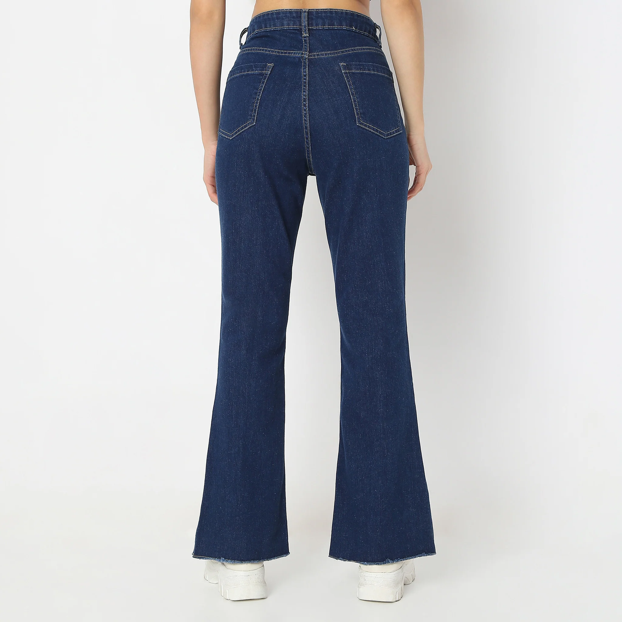Solid Full-Length Bootcut High Rise Jeans With Patch Pocket & Front Slit - Image 3