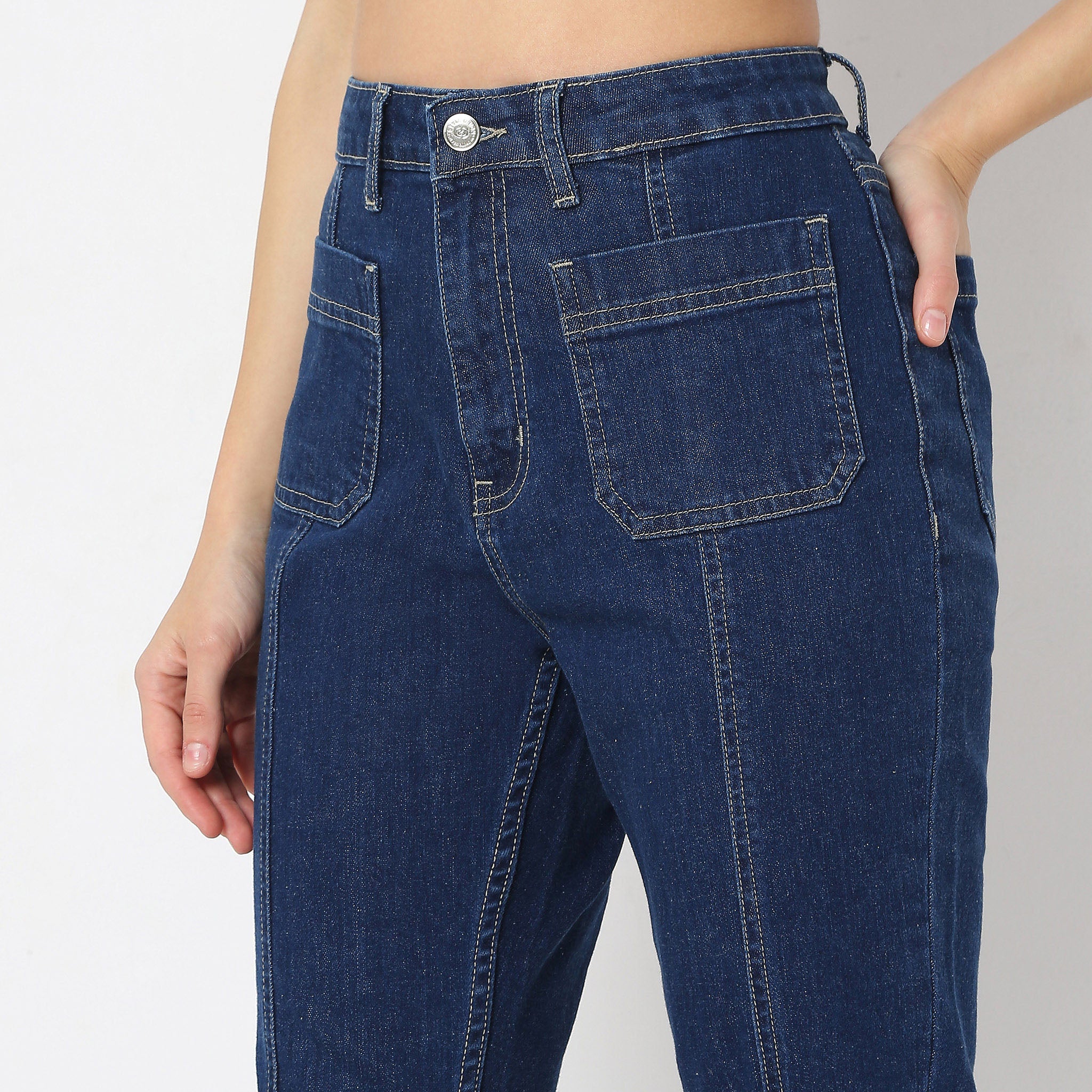 Solid Full-Length Bootcut High Rise Jeans With Patch Pocket & Front Slit - Image 4