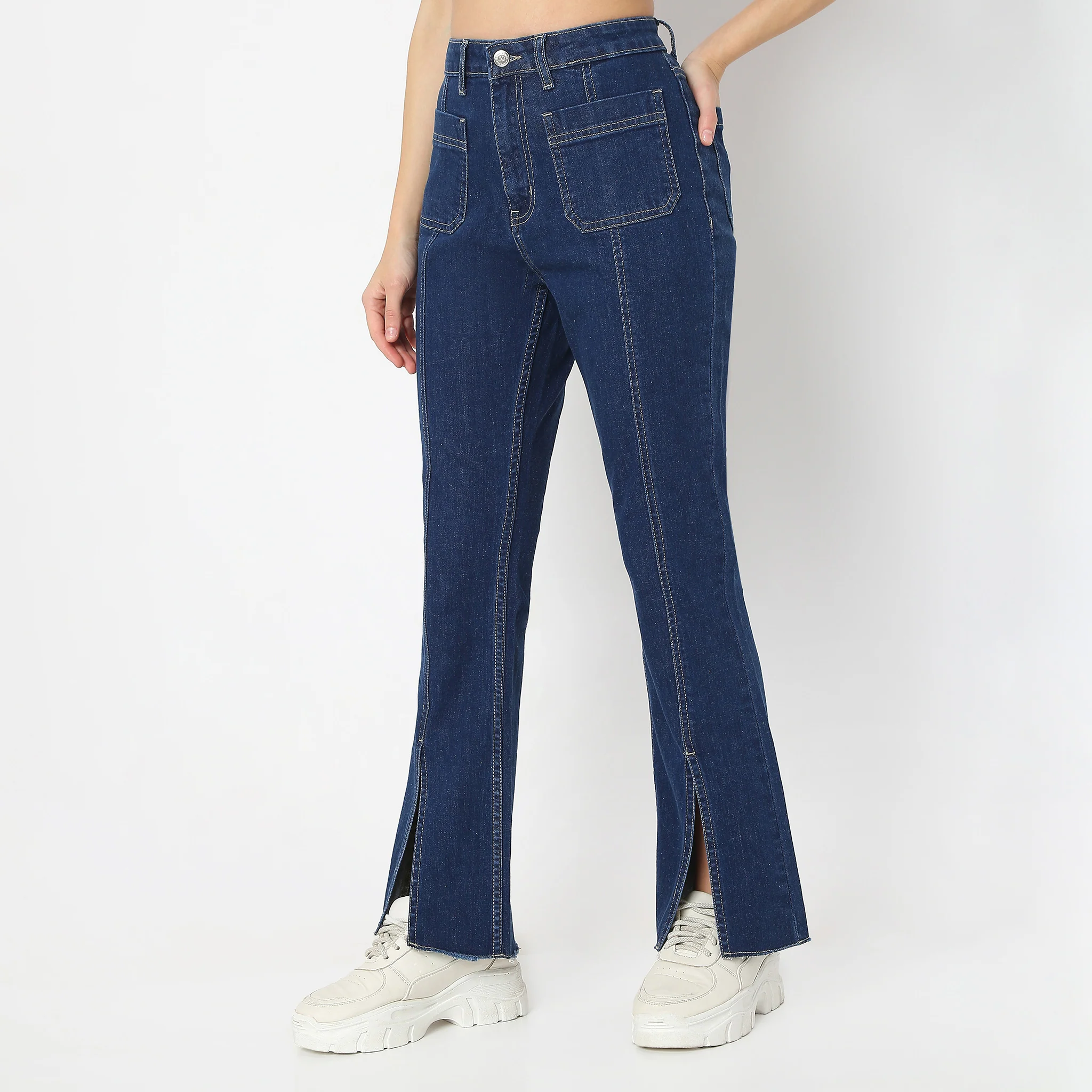 Solid Full-Length Bootcut High Rise Jeans With Patch Pocket & Front Slit - Image 5