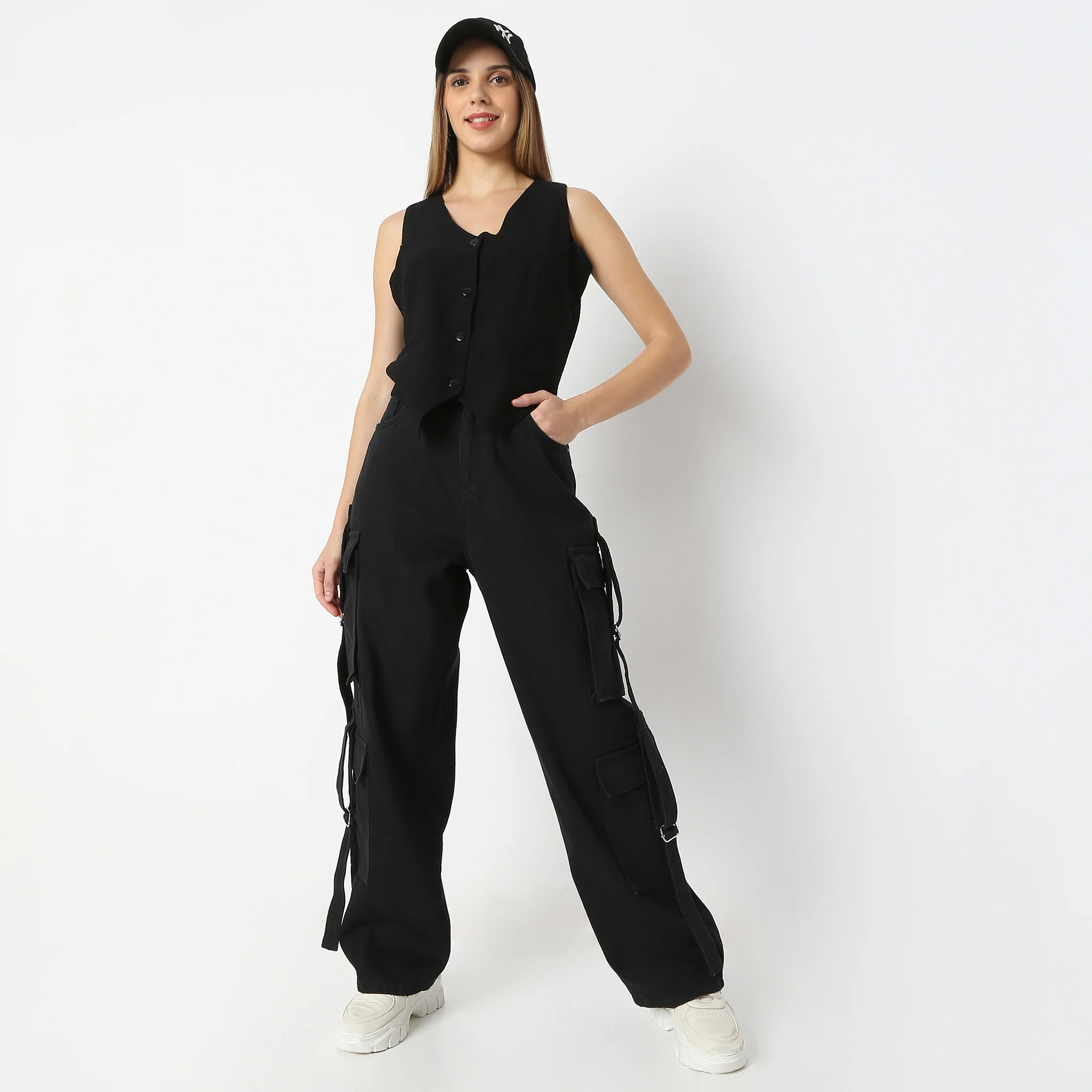 Solid Full-Length High-Waist Utility Crago With Street Look Flare Jeans