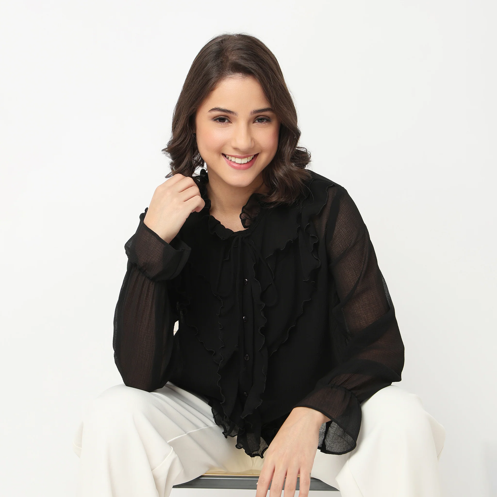 Solid Full Sleeve Round Neck Top - Image 2