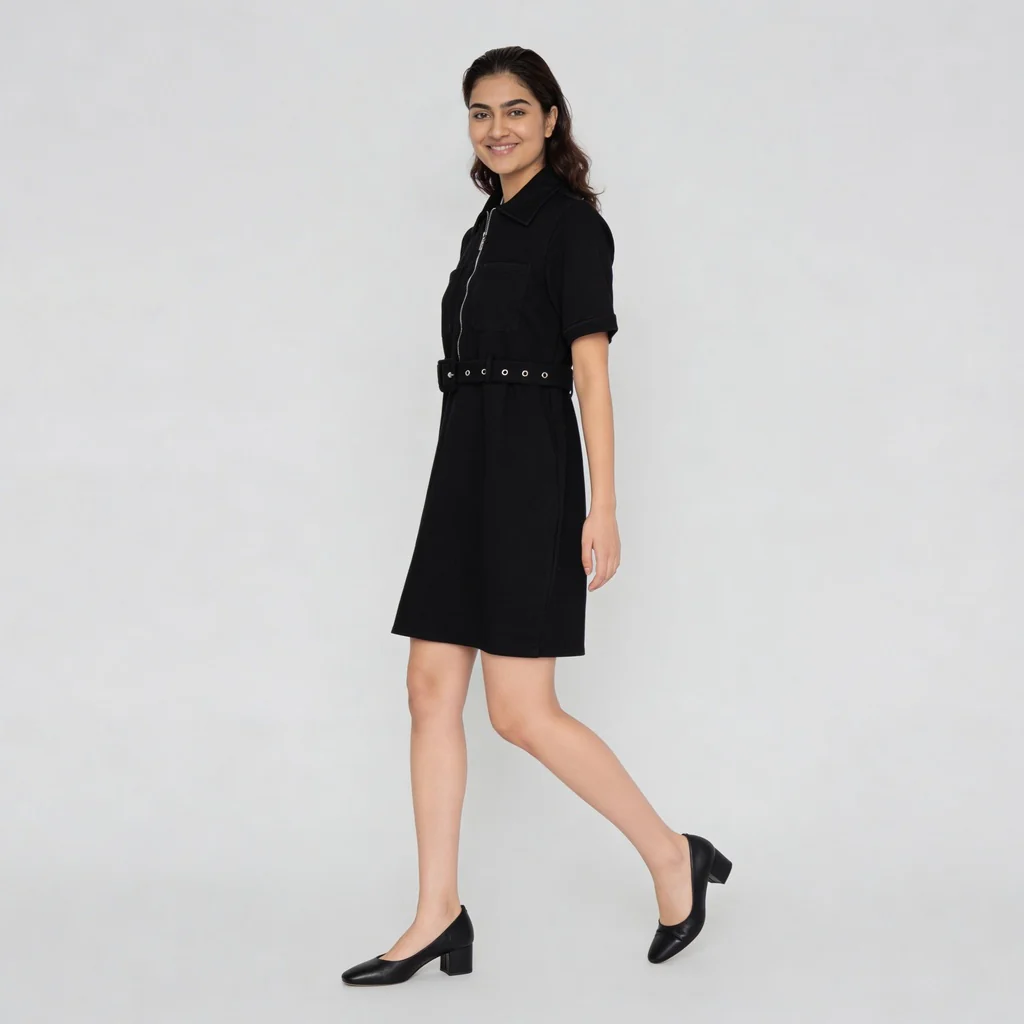 Solid Knee Length Knitted Indigo Pull On Zipper Dress With Belt Look - Image 10
