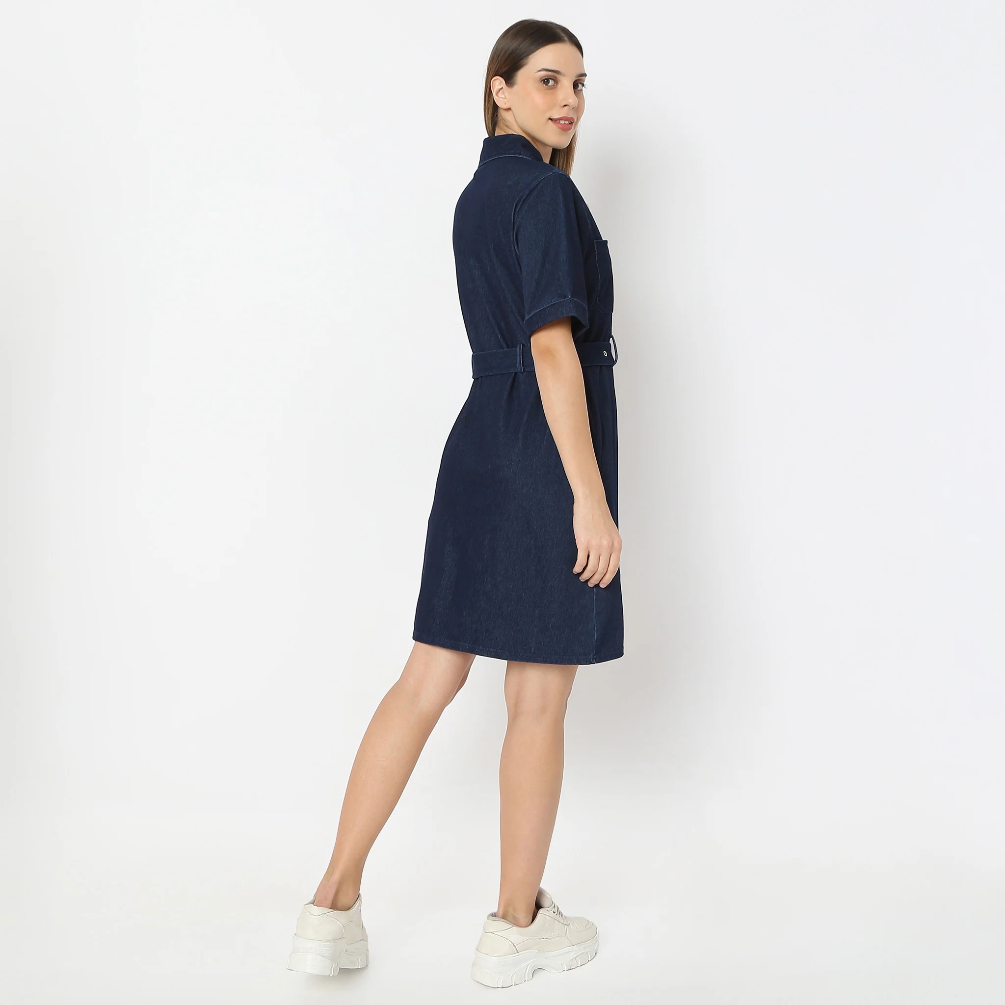 Solid Knee Length Knitted Indigo Pull On Zipper Dress With Belt Look - Image 3