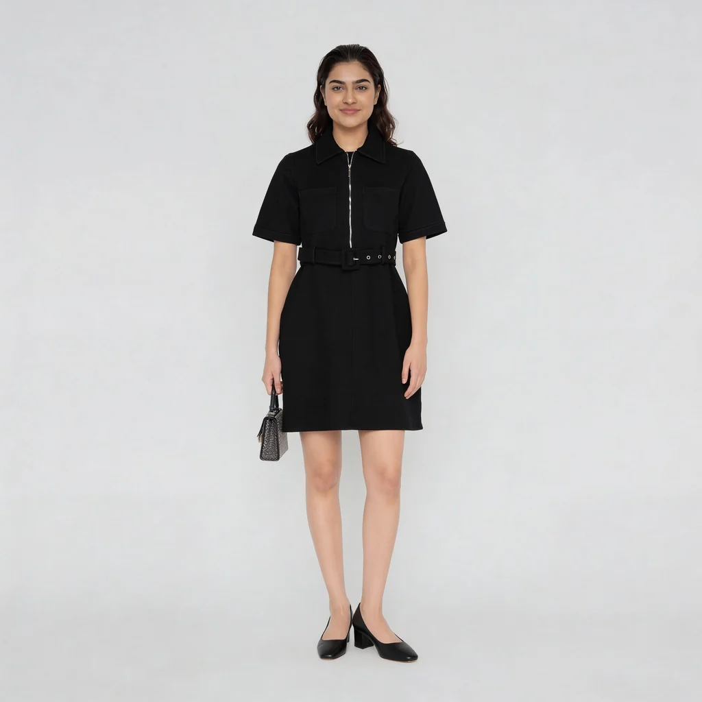 Solid Knee Length Knitted Indigo Pull On Zipper Dress With Belt Look - Image 6