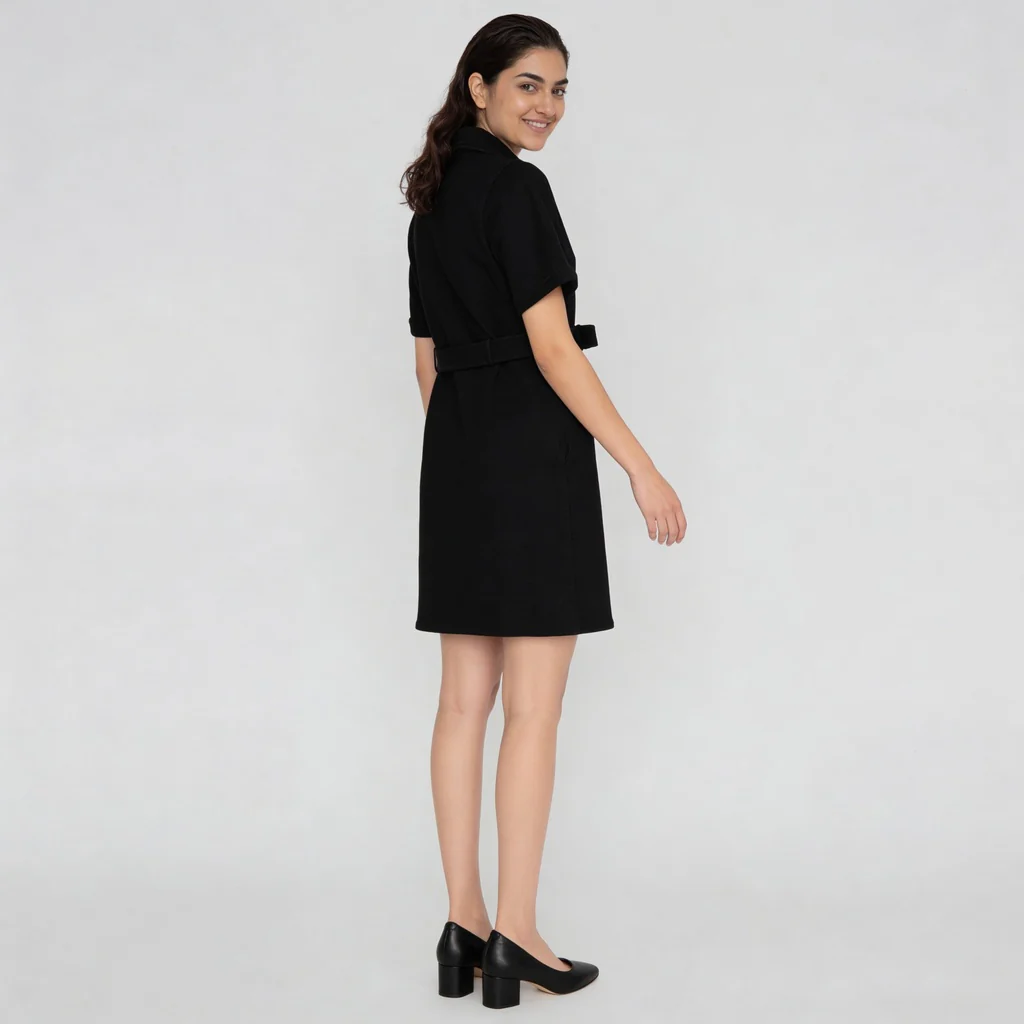 Solid Knee Length Knitted Indigo Pull On Zipper Dress With Belt Look - Image 8