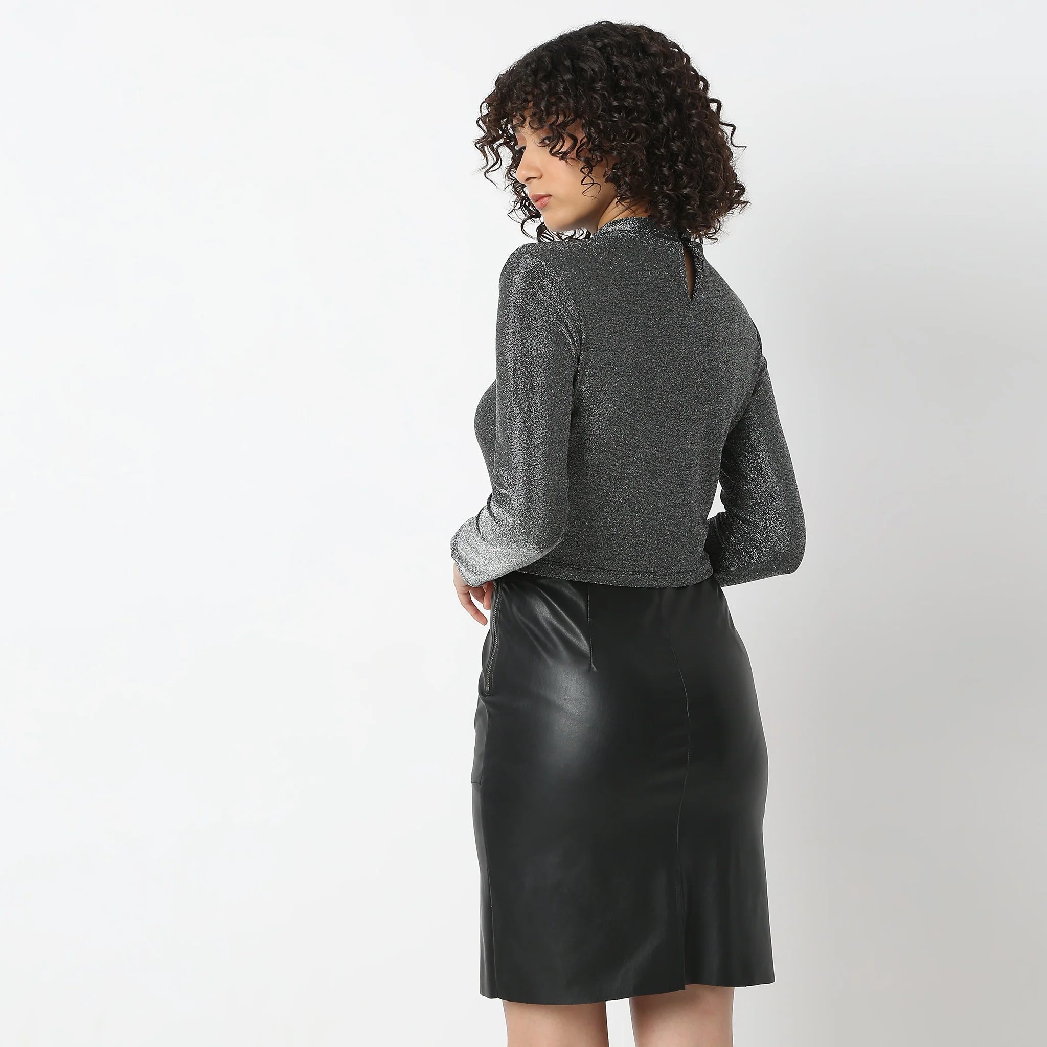 Mock Neck Full Sleeve Shimmer Sheath Fitted Top - Image 3