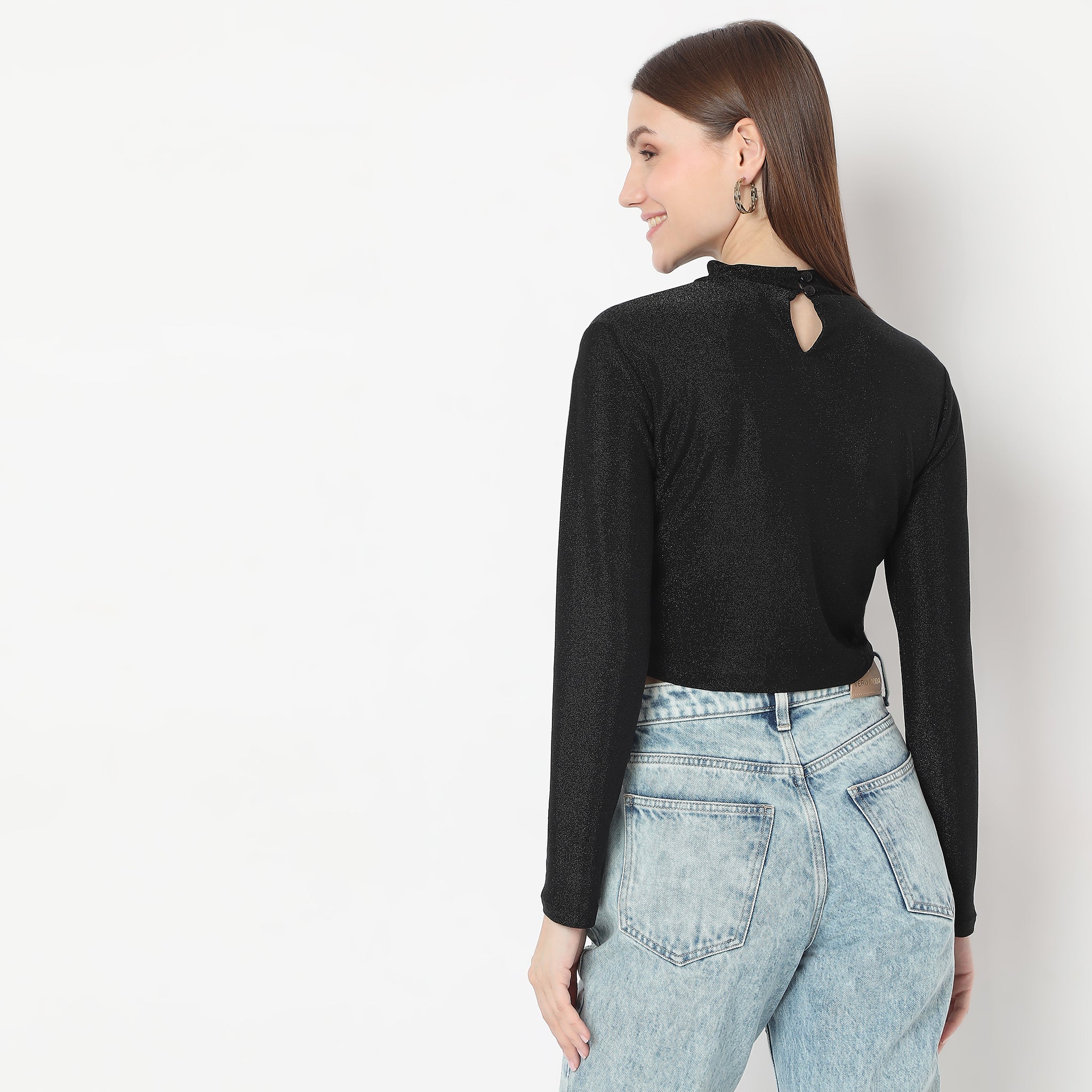 Mock Neck Full Sleeve Shimmer Sheath Fitted Top - Image 8