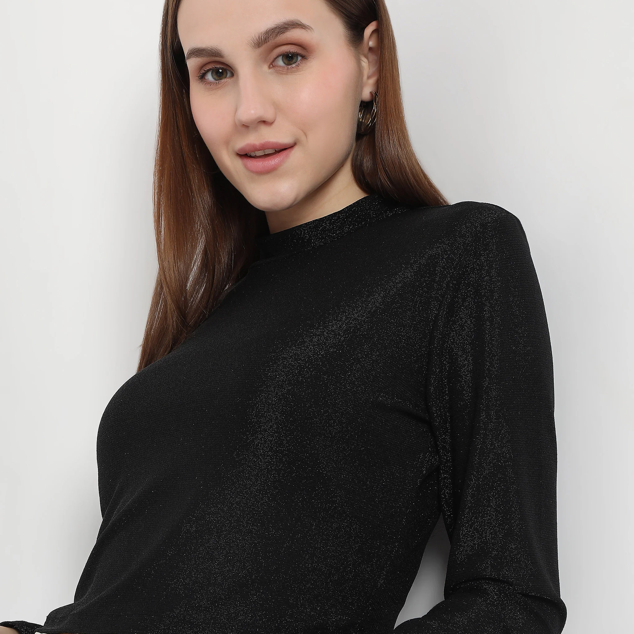 Mock Neck Full Sleeve Shimmer Sheath Fitted Top - Image 9