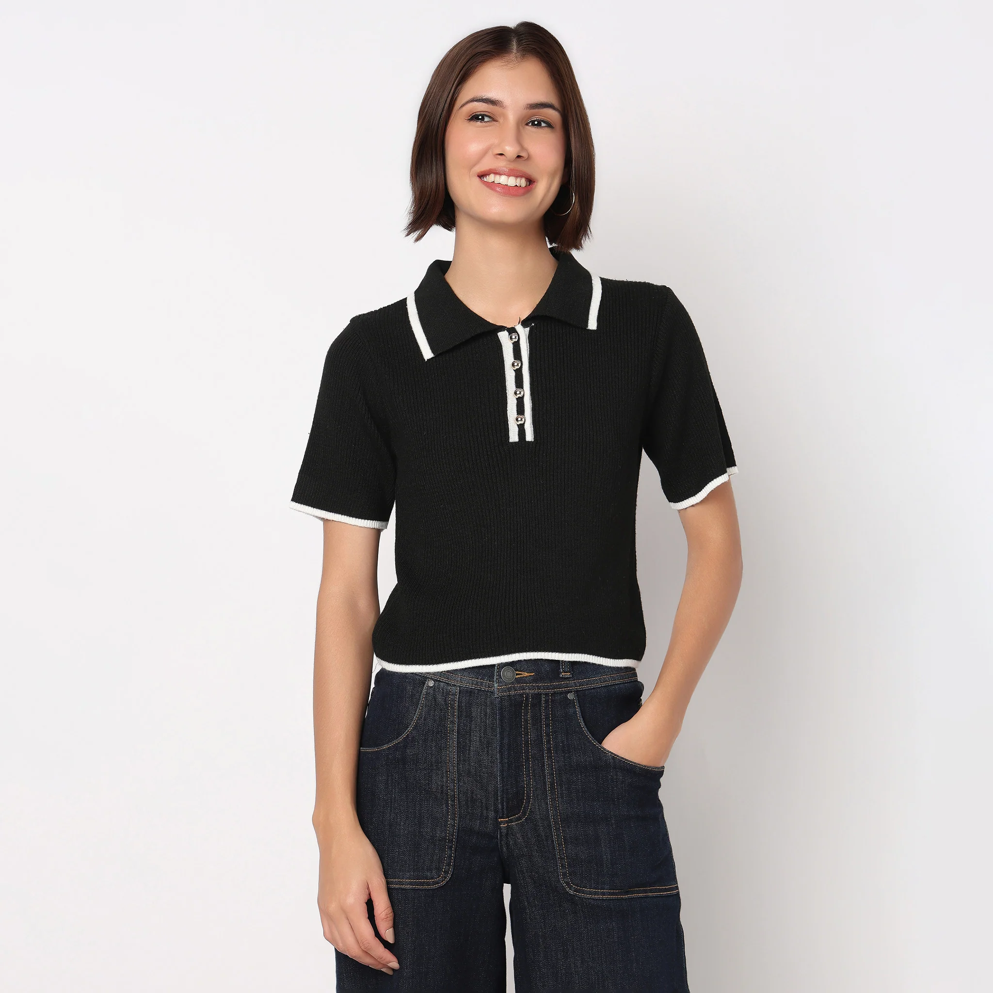 Solid Polo Flat Knit Top - Image 2