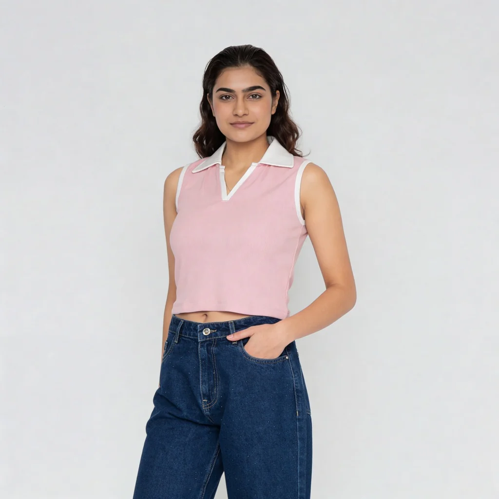 Solid Polo Neck Sleeveless Slim Fit T-Shirt - Image 5