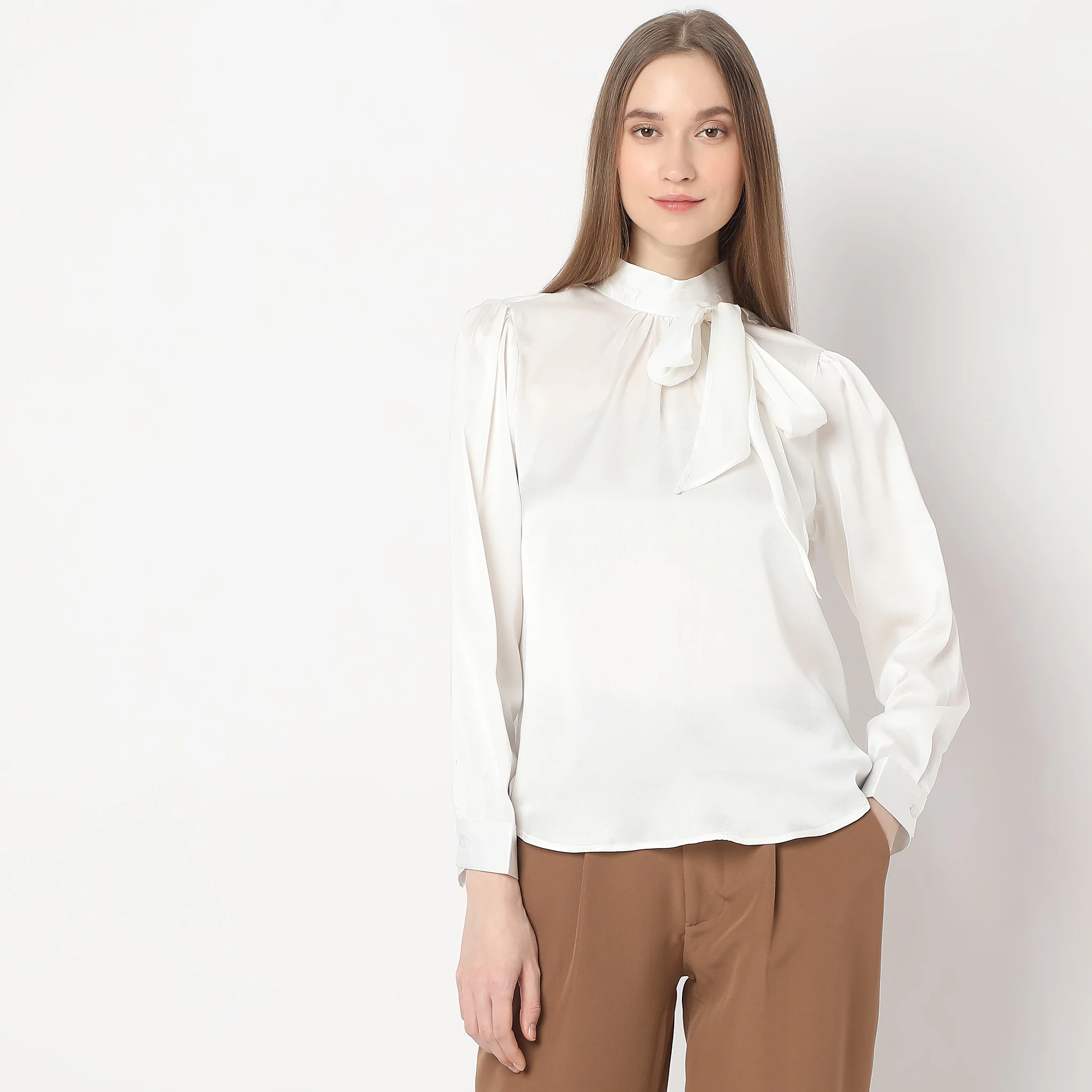 Solid Pussy Bow High Neck Full Sleeve Top - Image 2