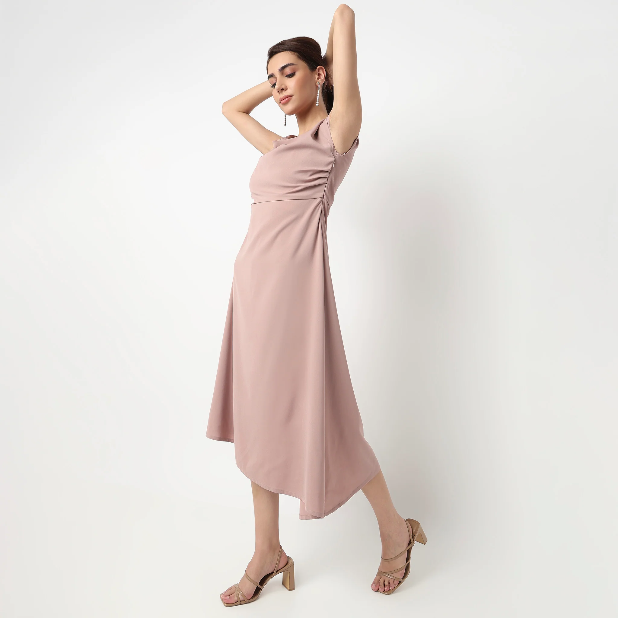Solid Midi Dress With Draped Waist