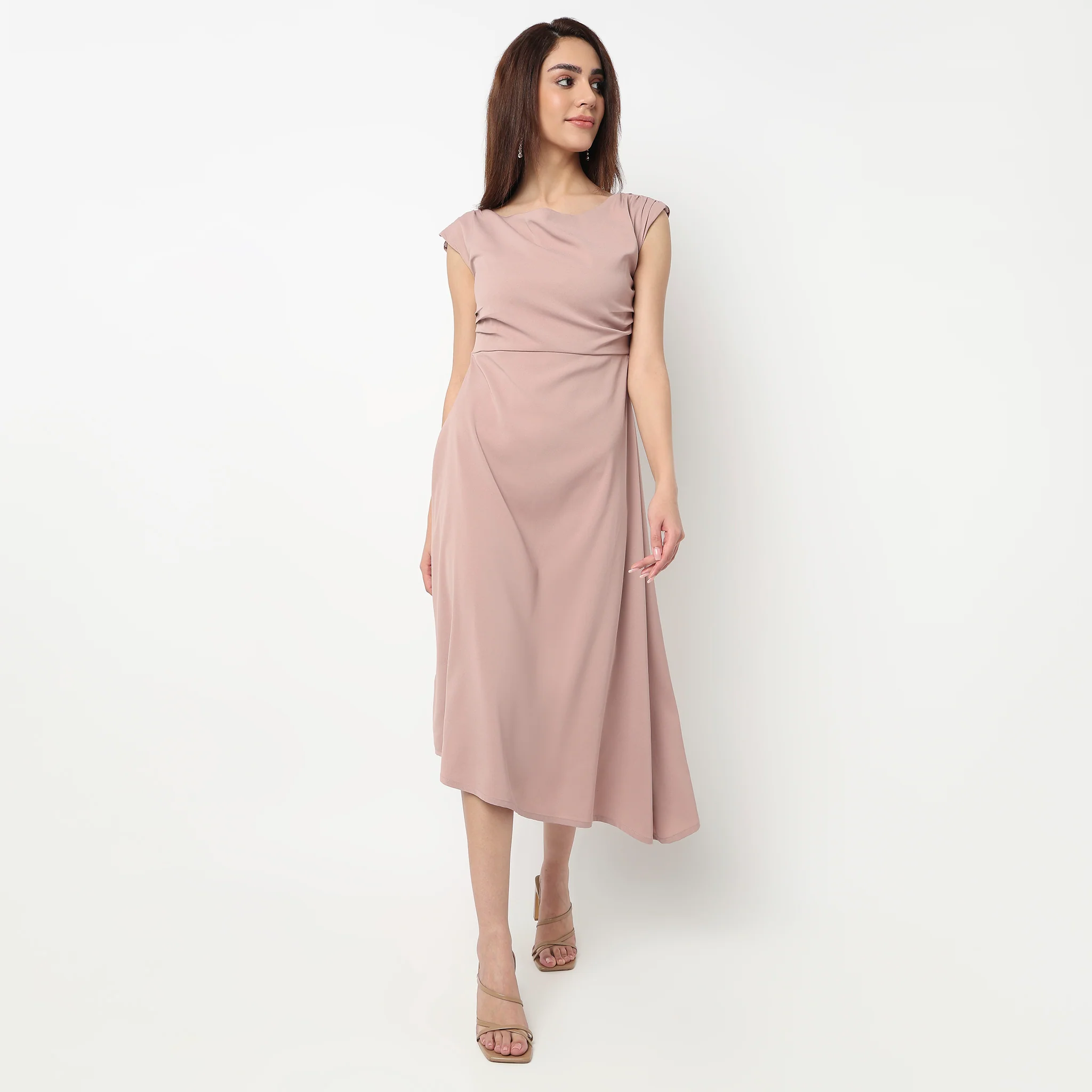 Solid Midi Dress With Draped Waist - Image 2