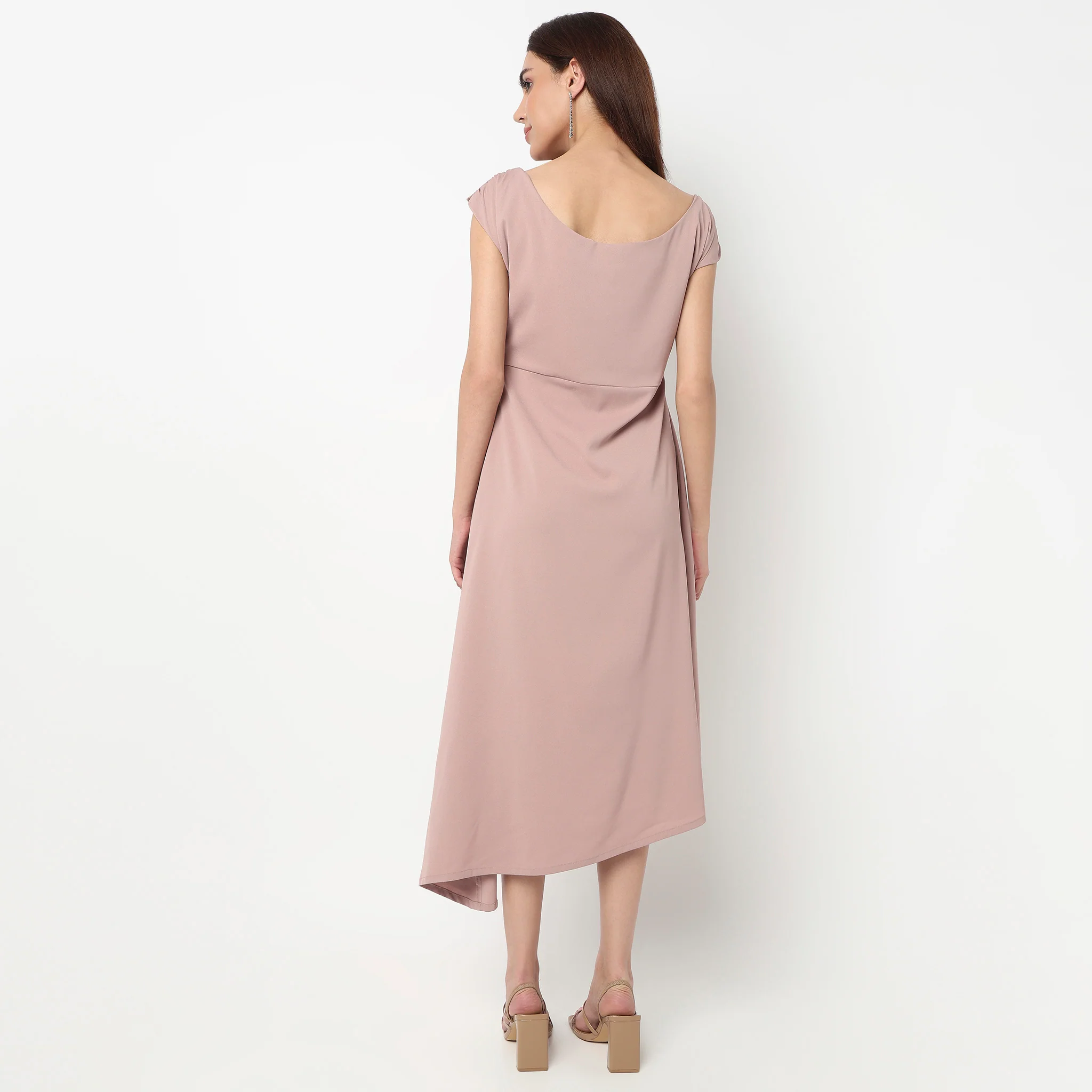 Solid Midi Dress With Draped Waist - Image 3